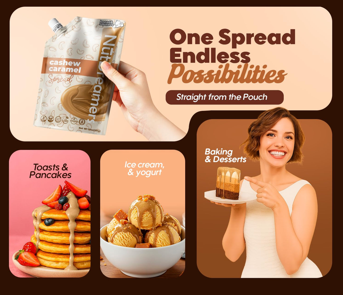 Nut Dreamers Cashew Caramel Spread, Vegan, Gluten Free, No Refined Sugar, 10 oz Pouch