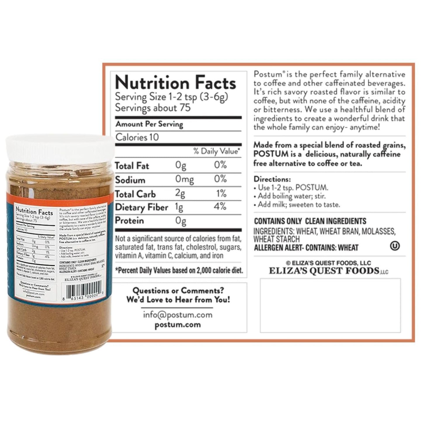 Postum Coffee Substitute Original (2x8oz) | Coffee Alternative Caffeine Free with Roasted Wheat Bran & Molasses | Natural  Non-GMO  Vegan Coffee Replacement Drink