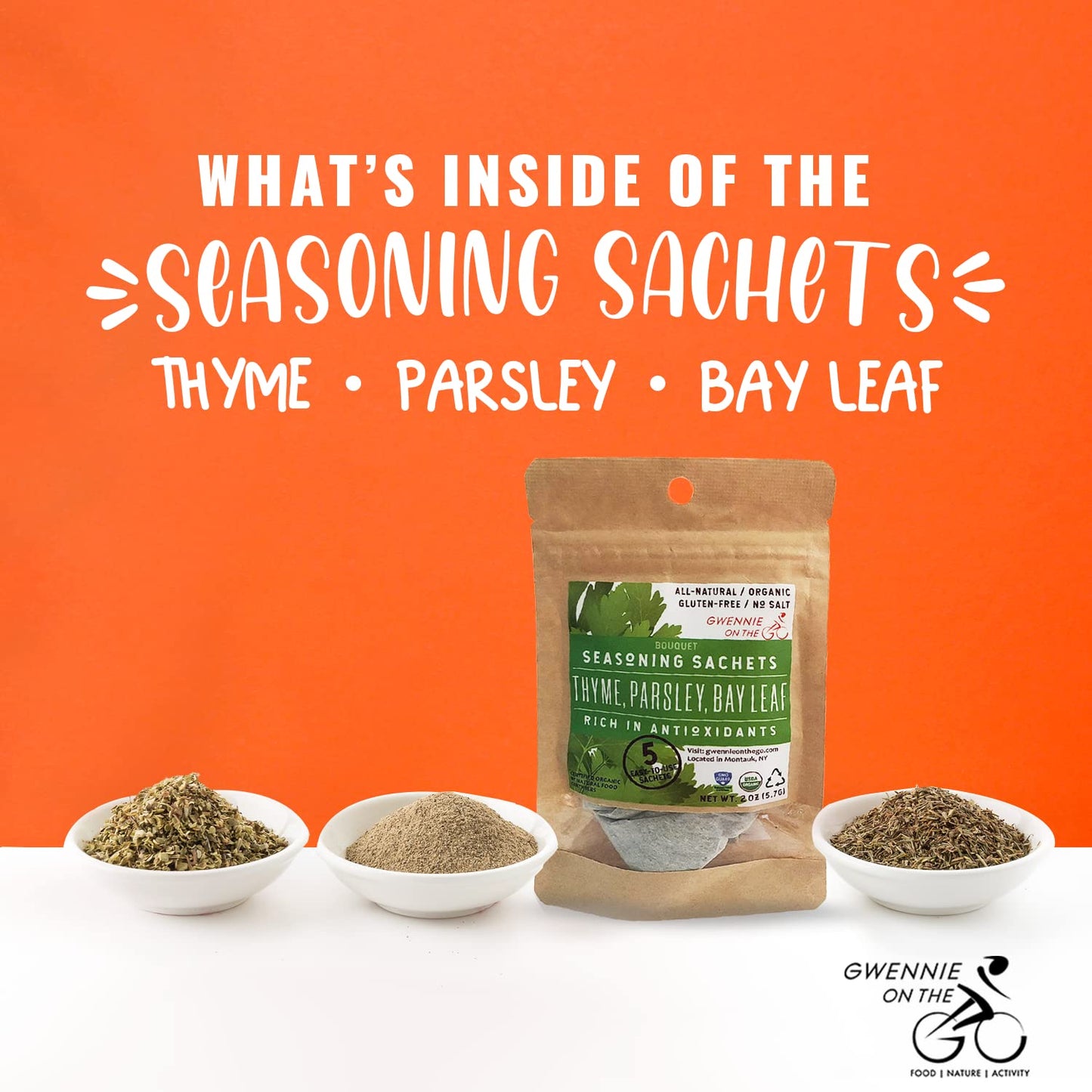 Gwennie On The Go - Seasoning Sachets | Thyme, Parsley & Bay Leaf | Certified Organic | Gluten- Free | Resealable Pouch | Season