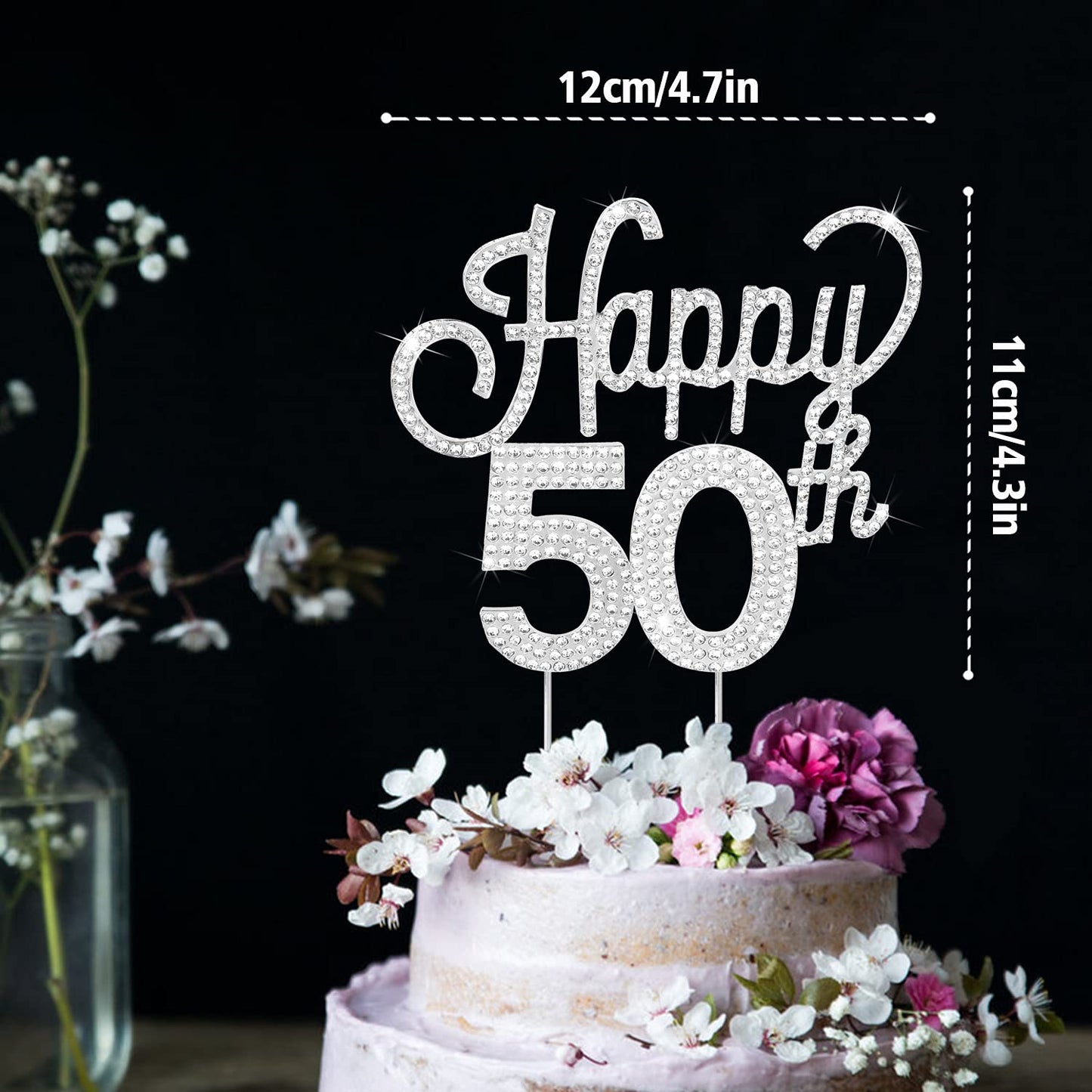 Lingteer Happy 50Th Birthday Silver Rhinestone Cake Topper - Cheers To 50Th Birthday Fifty Years Old Anniversary Party Cake Cent