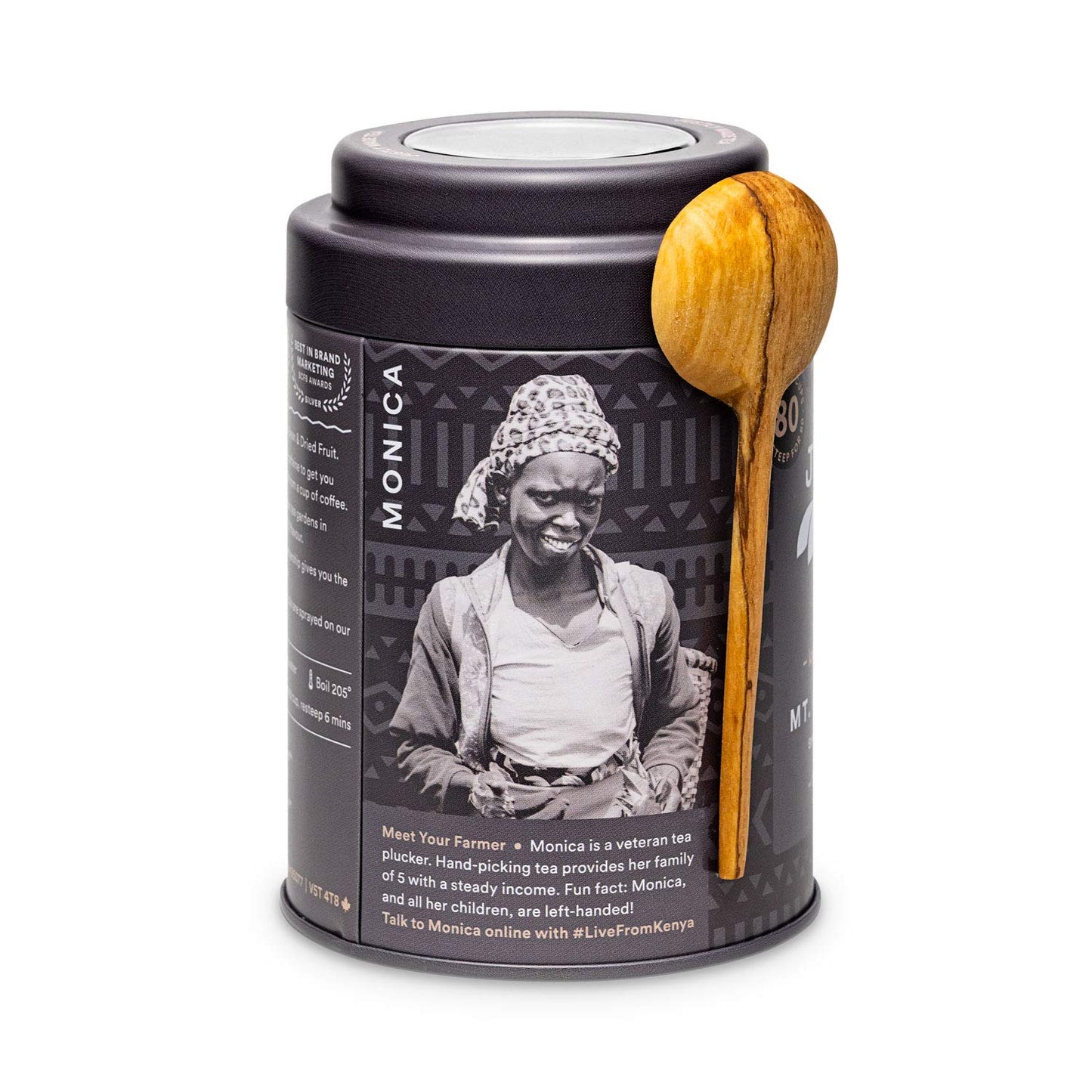 JusTea MT. KENYA BLACK Loose Leaf Black Tea - 3.2oz Tin with Hand Carved Spoon - High Caffeine, Fair Trade, Non-GMO