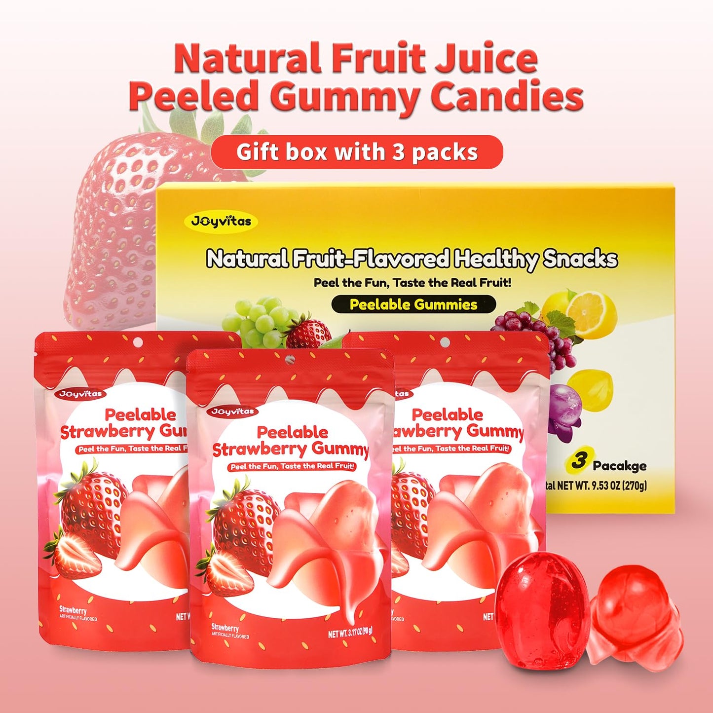 Joyvitas Peelable Gummy Strawberry Candy – Low Sugar, Individually Wrapped, 3 Pack (9.53oz) – Perfect for Stocking Stuffers