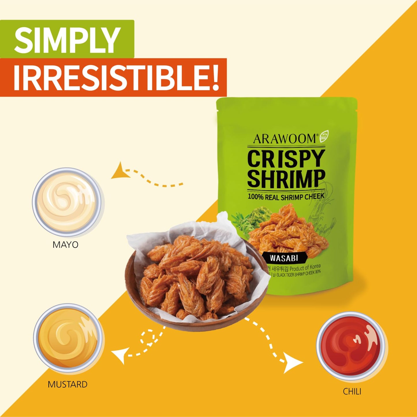 Arawoom - Real Crispy Shrimp Cheek Snack - 100% Real Black Tiger Shrimp [2 Ounce (Pack Of 3)] - Wasabi Flavors - Crunchy Treat F
