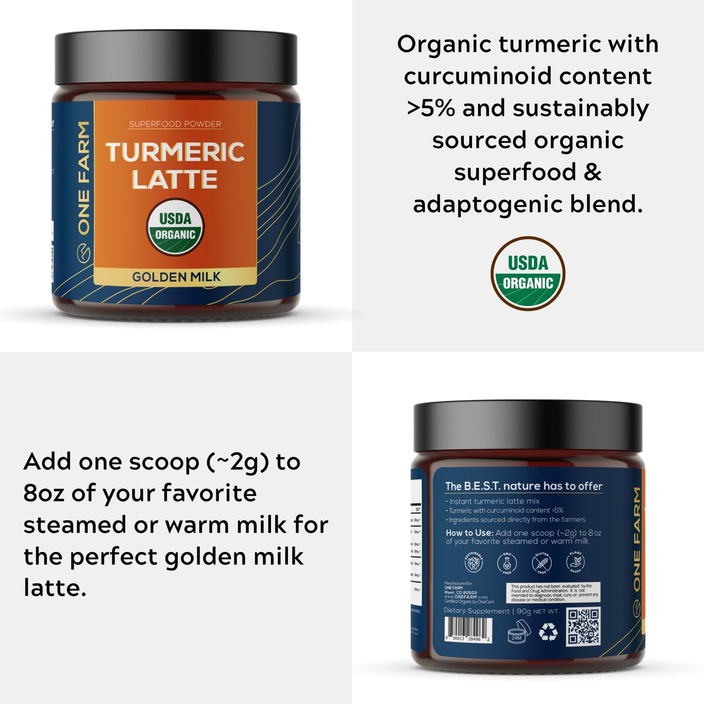 One Farm by WAAYB Turmeric Latte Powder, USDA Organic, 45 Servings, Resealable Glass Jar