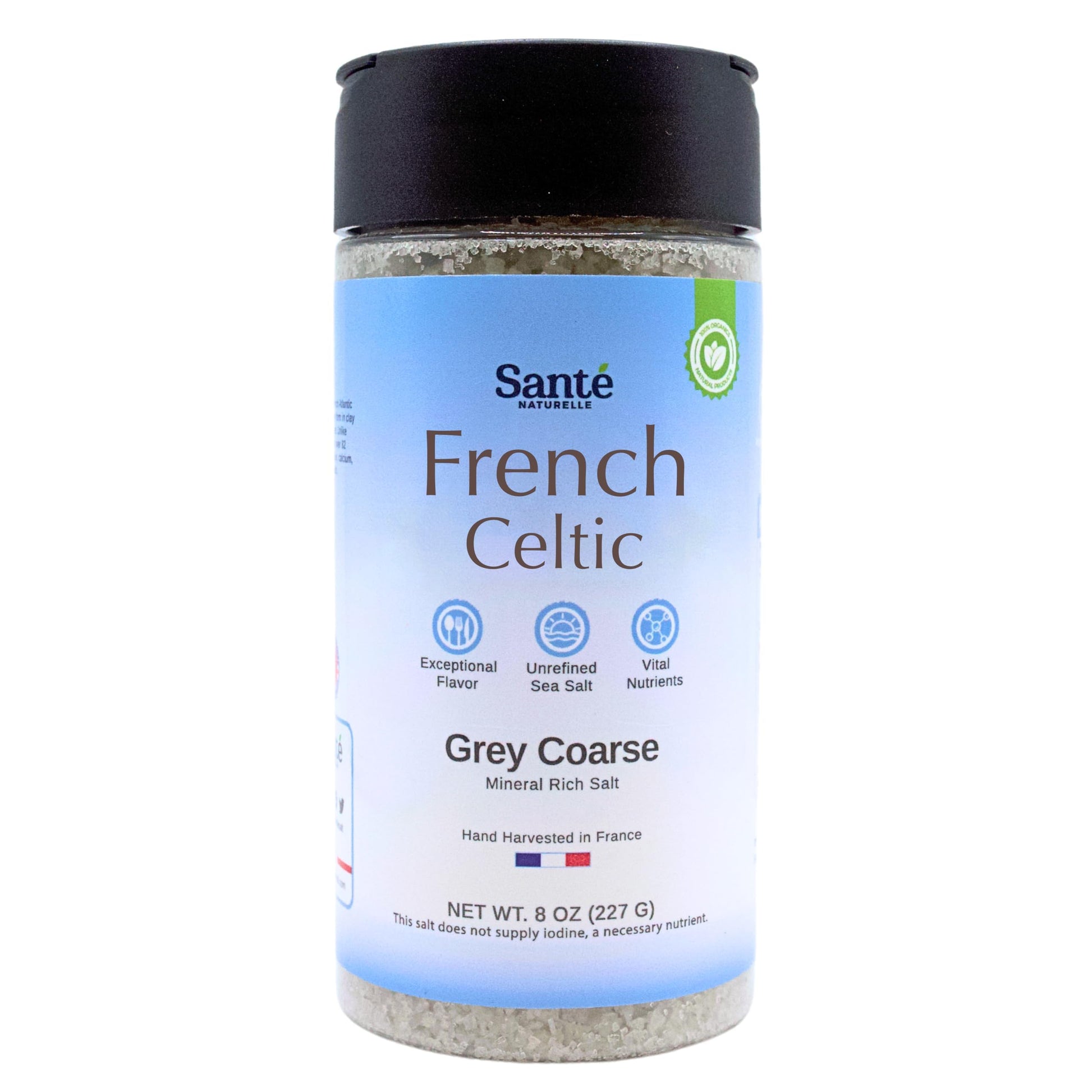 Sante Naturelle Celtic Salt Grey Coarse Sea Salt Shaker, 8 oz, Unrefined French Sea Salt, Rich in 82+ Minerals, 100% Natural