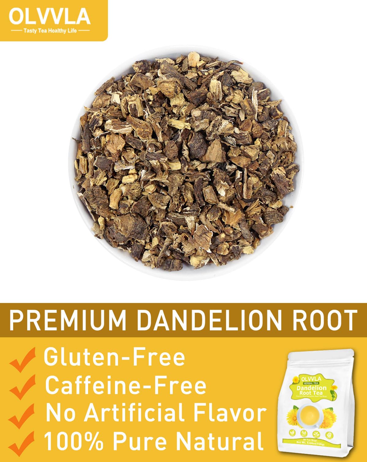 Olvvla Dandelion Root Tea Bags - Caffeine-Free, Non-GMO - 80 Count Pack