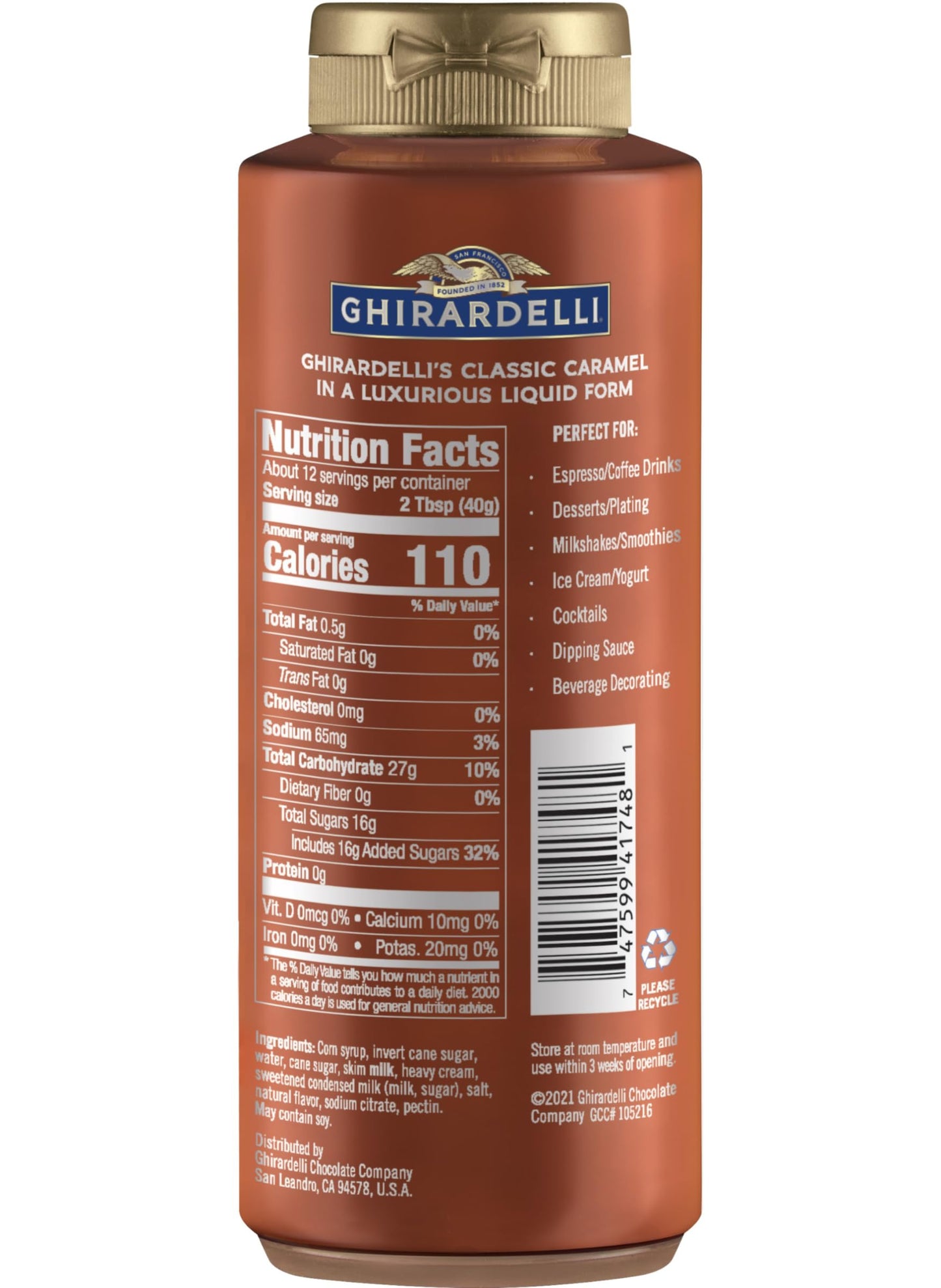 Ghirardelli - Sea Salt Caramel, Chocolate and Caramel Flavored Sauce 16 oz Bottles (Set of 3) with Ghirardelli Stamped Barista S