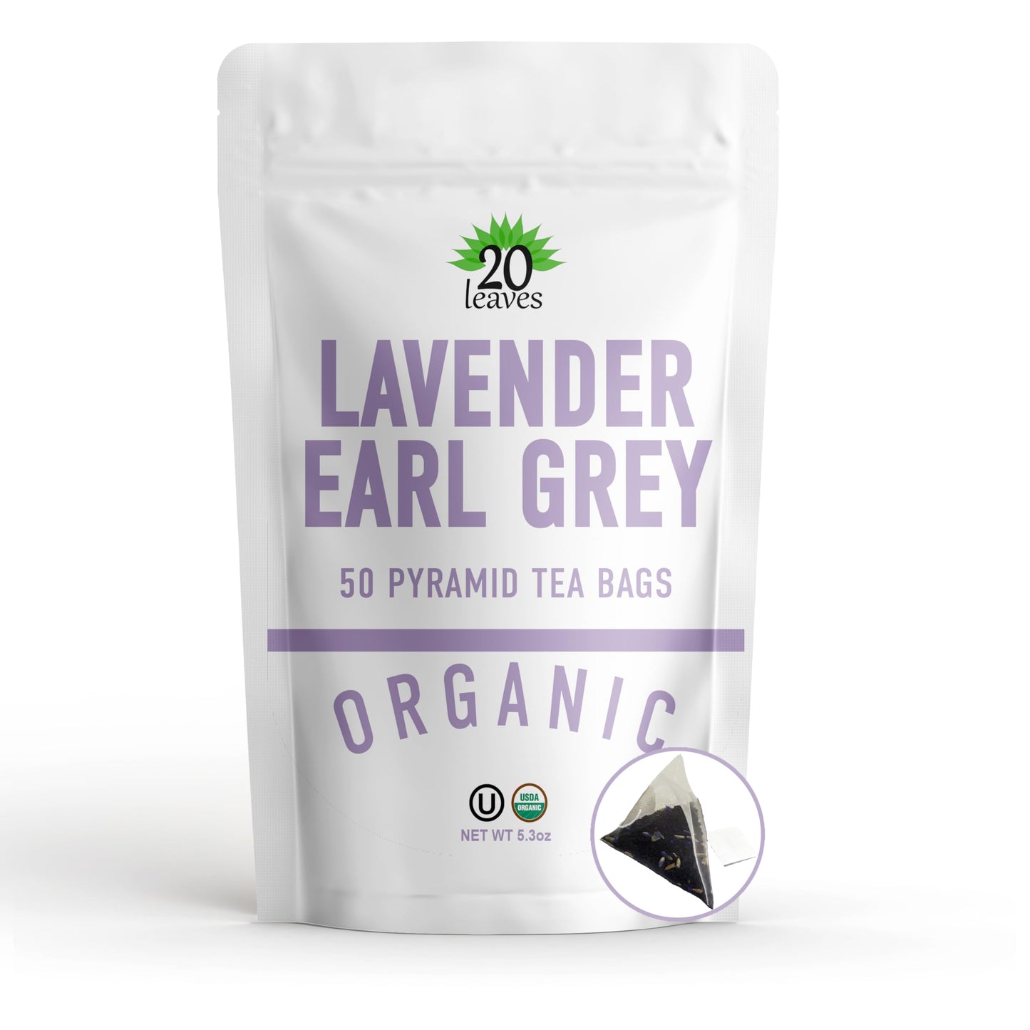 20 Leaves Lavender Earl Grey Black Tea - 100% Organic - 50 Pyramid Tea Bags in Resealable Bag
