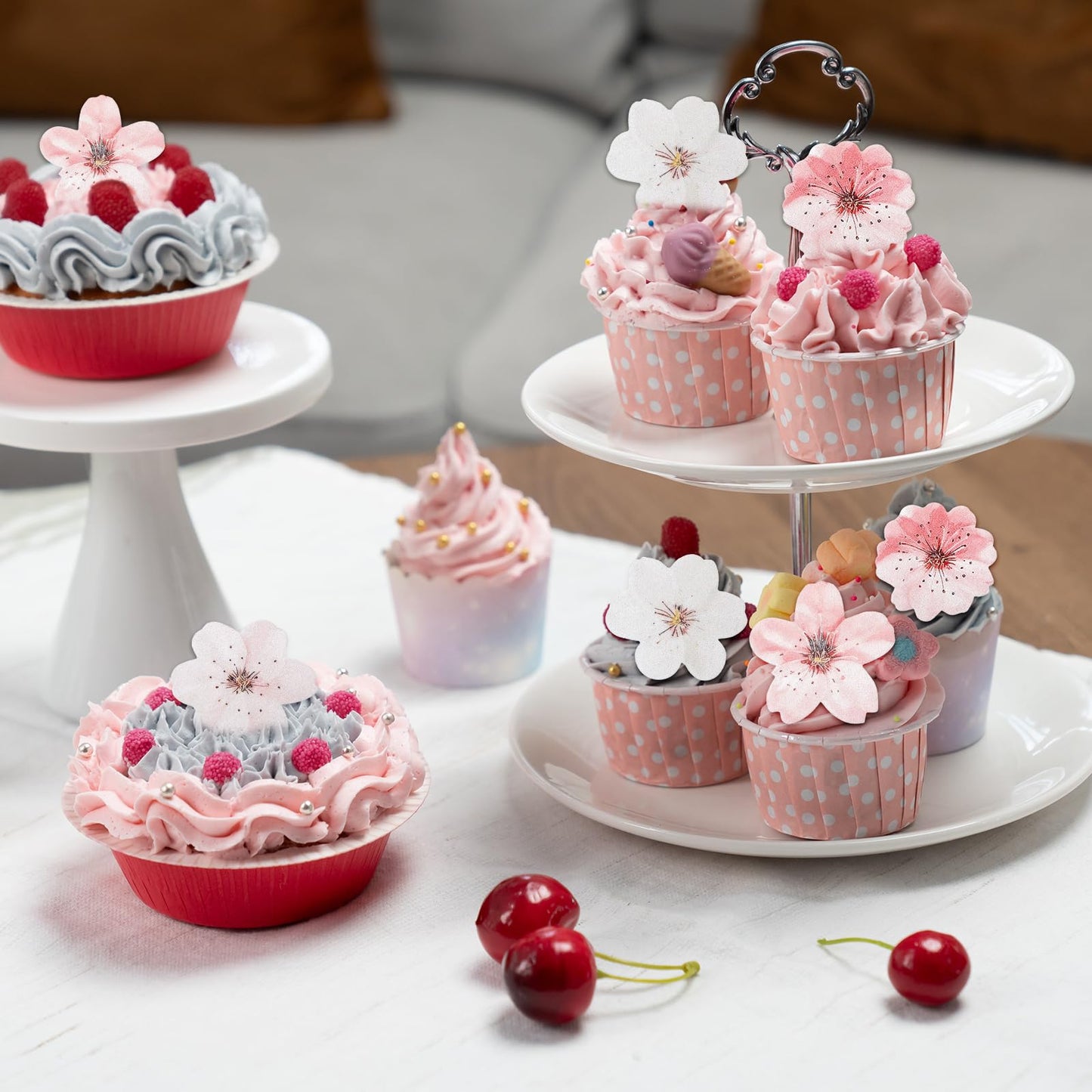 Yolev Edible Flower Cupcake Toppers, 75 Pcs Cherry Blossoms, Wafer Paper, 1.8 in, White/Pink, Wedding/Birthday Party Decorations