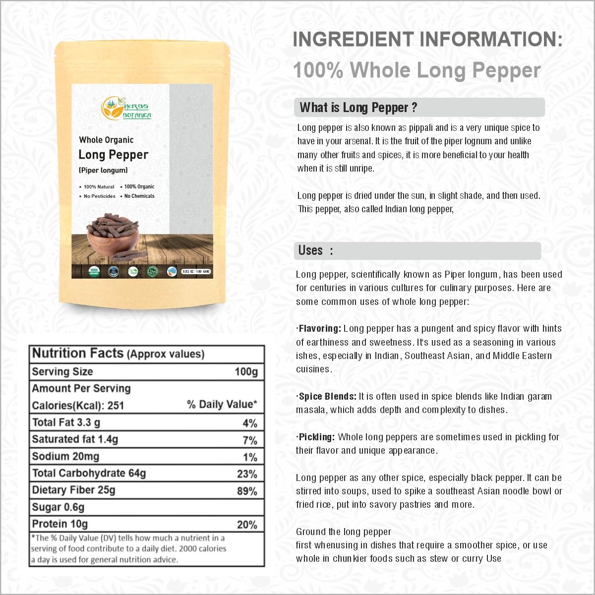Herbs Botanica Long Pepper Whole Organic Piper Longum Black Peppercorns Pippali Whole Piper Indian Pure Longum Natural Poivre Wh