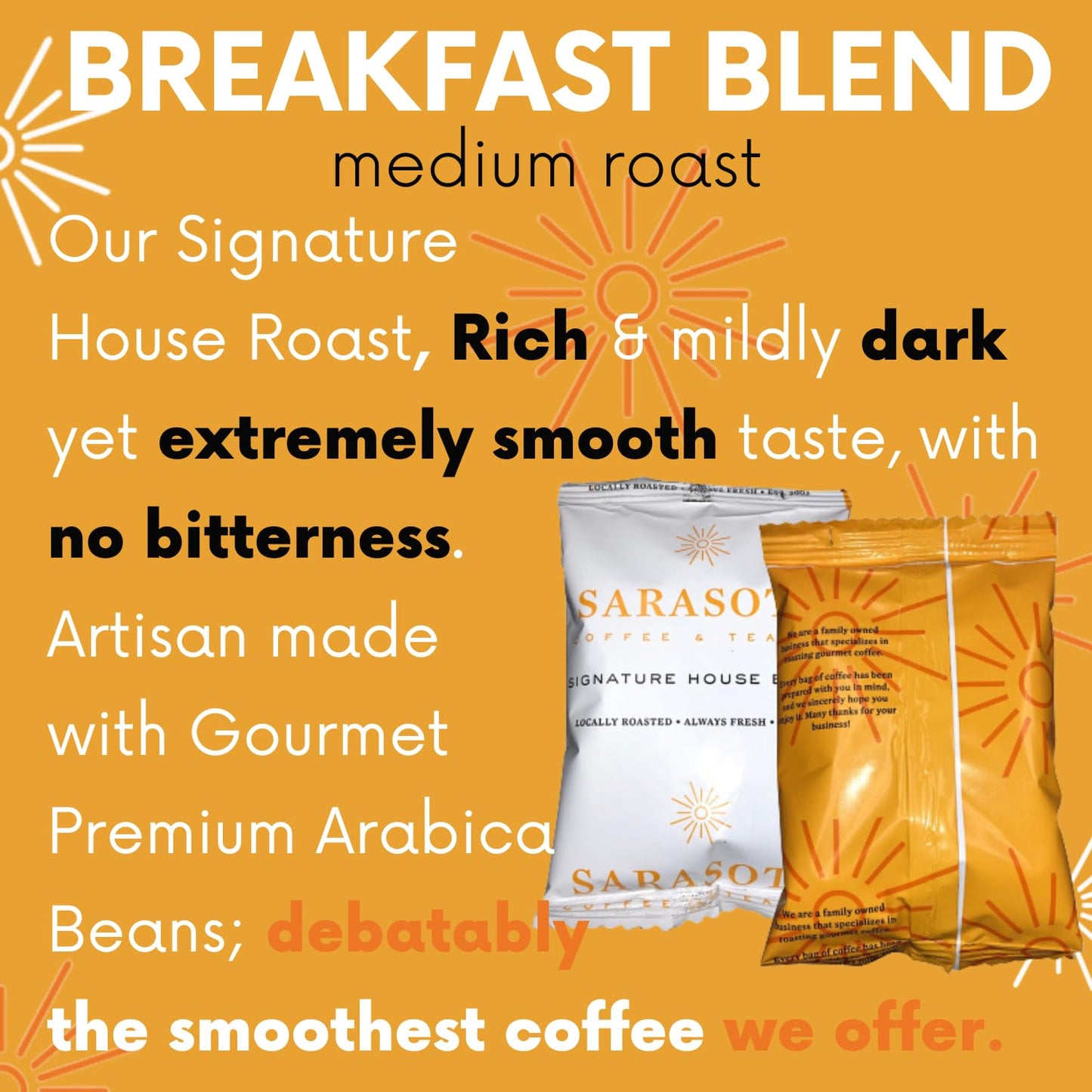 Sarasota Coffee Ground Packets | Gourmet Medium Roast Bulk Coffee Packs | Breakfast Blend | Low Acid Mold Free Singles Individua