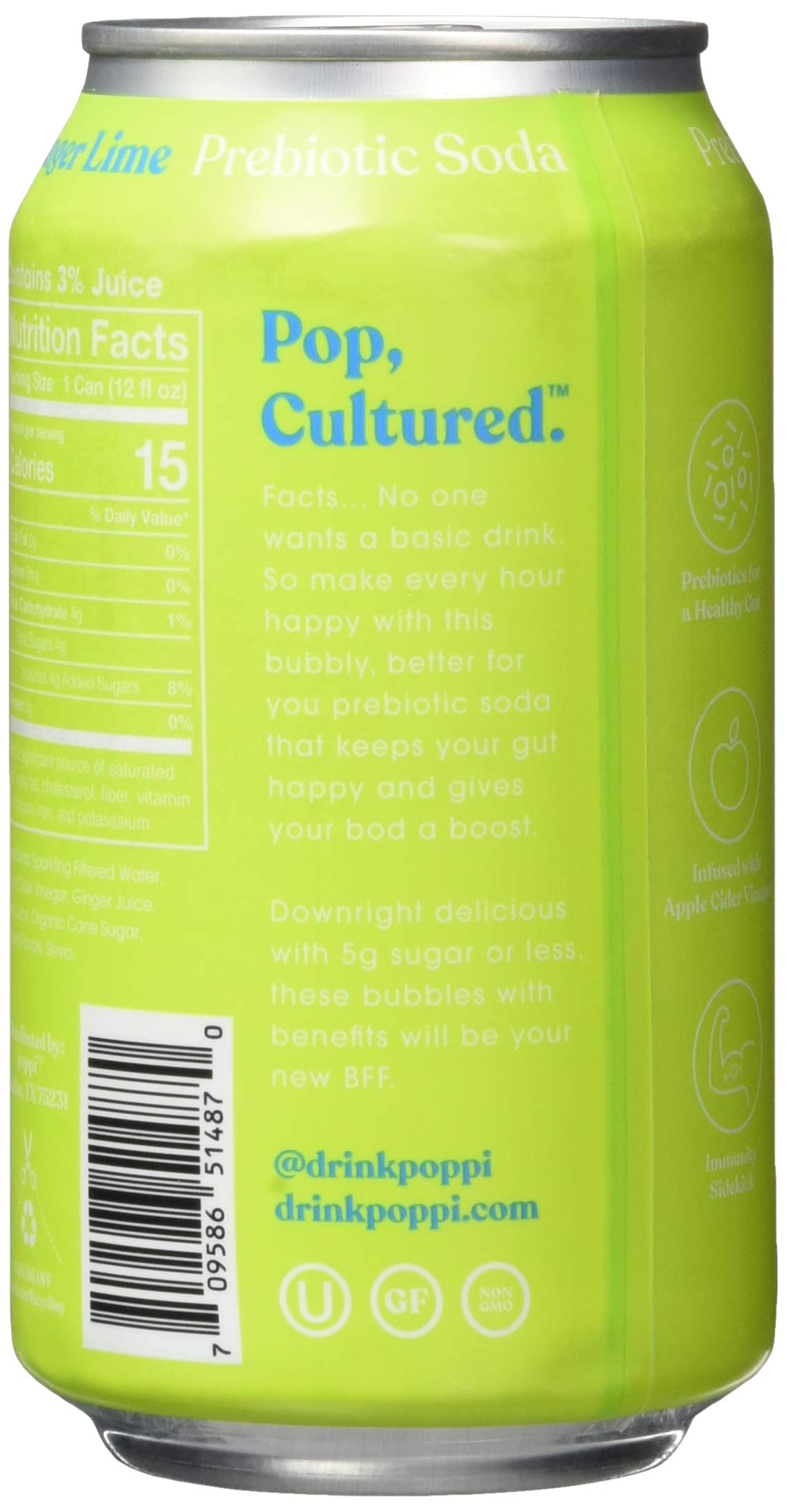 Poppi Ginger Lime Prebiotic Soda, 12 Fl Oz (Pack of 12)