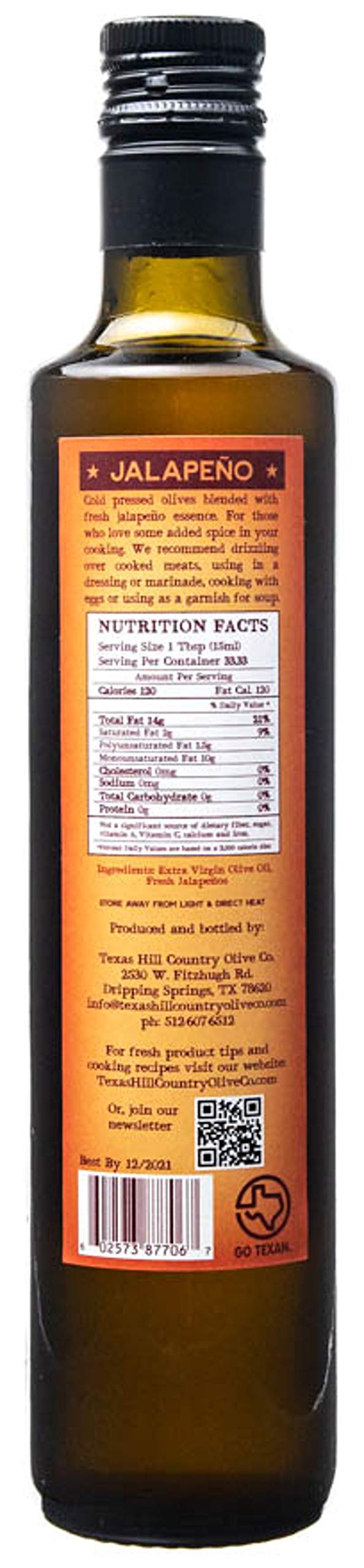 Texas Hill Country Olive Co Jalapeno Infused Olive Oil - Cold Pressed Gourmet EVOO - 16.9 Fl Oz - No Artificial Flavors