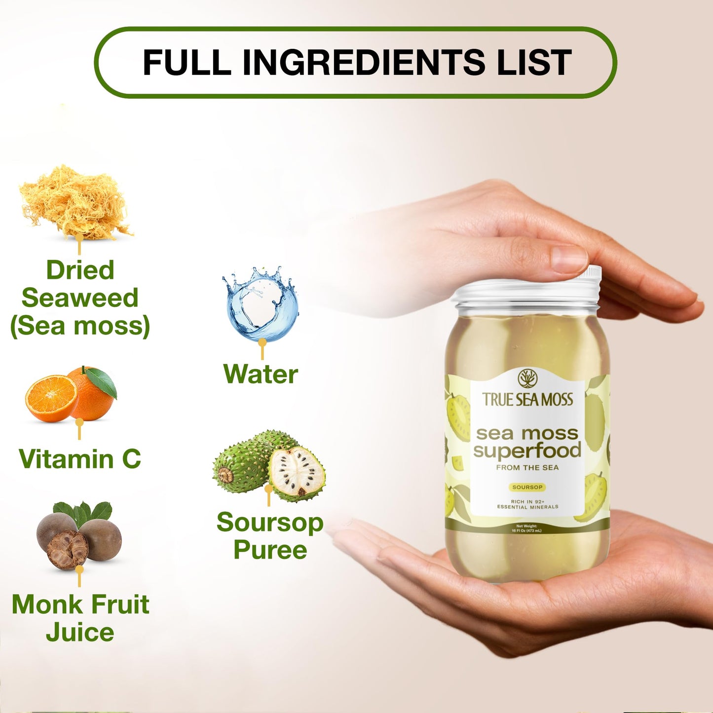 TrueSeaMoss Sea Moss Gel, Wildcrafted with Fresh Fruits & Sea Vegetables, 16 Fl Oz - Made in USA, Soursop, Pack of 1