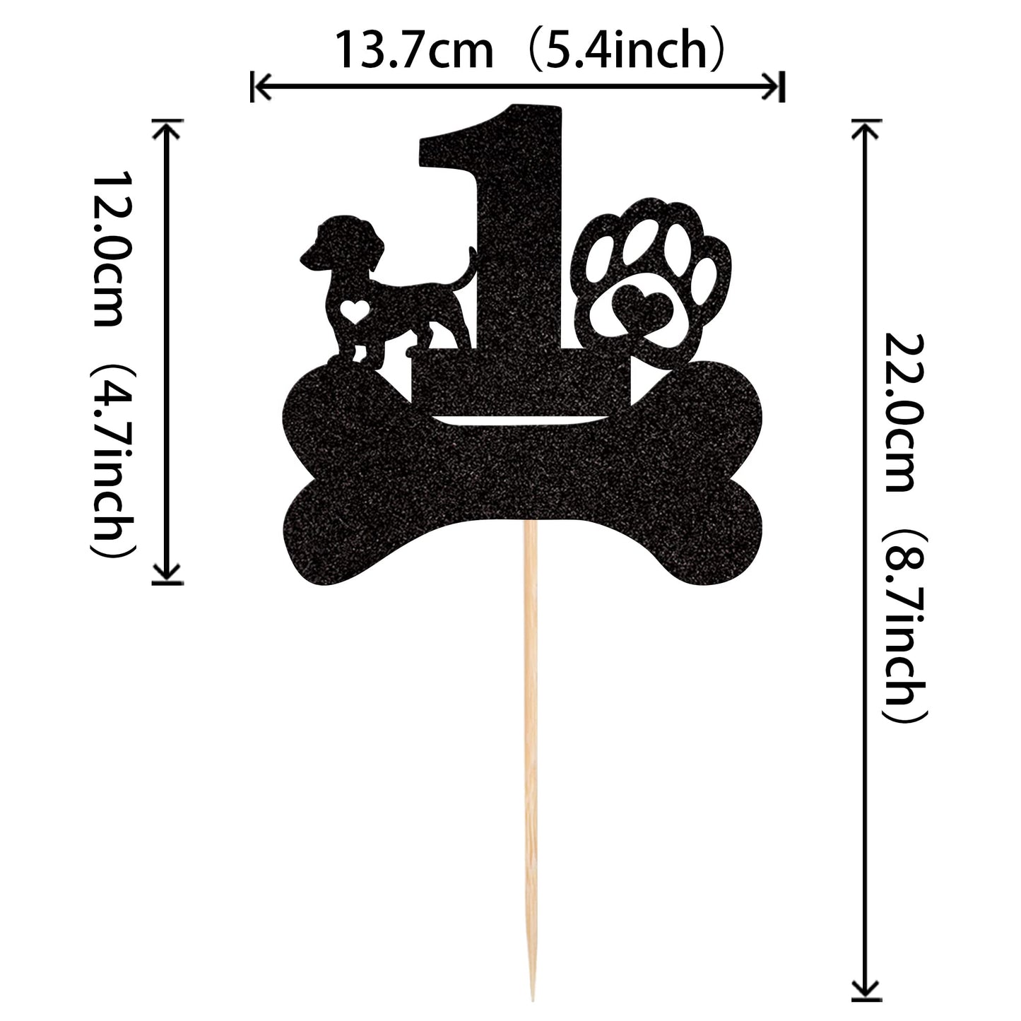 1 Pcs 1St Birthday Cake Topper Black Glitter Dog Paw One Year Old Birthday Puppy Dog Bone Cake Pick For Let'S Pawty Baby Shower