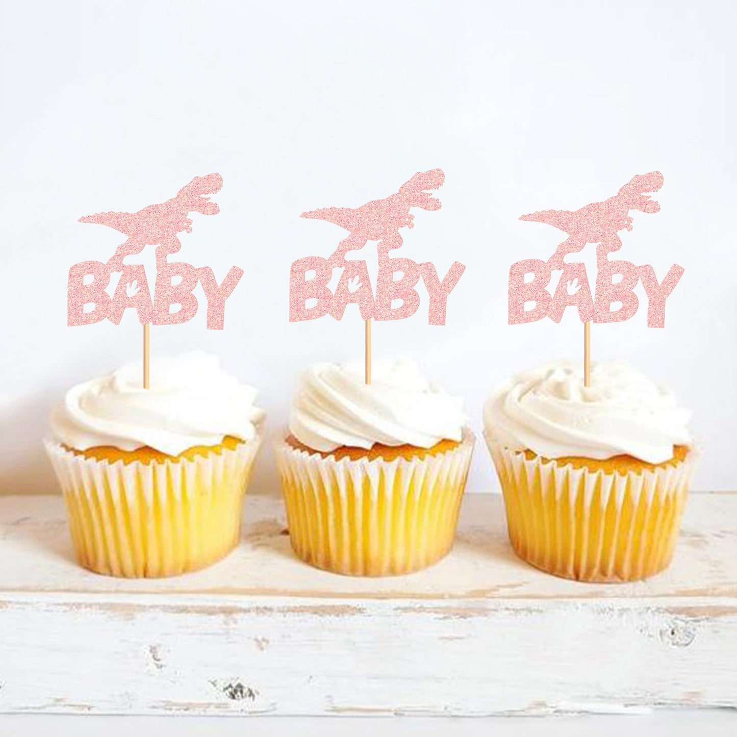 Ercadio 24 Pack Dinosaur Baby Cupcake Toppers Pink Glitter Dinosaur Baby Cupcake Picks Little Dino Baby Cupcake Picks For Dinosa