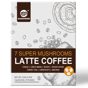 Ganoherb 7 In 1 Mushroom Coffee Mix, Instant Latte Coffee Blend Nootropic Cafe Complex With Reishi, Lions Mane, Chaga, Turkey Ta