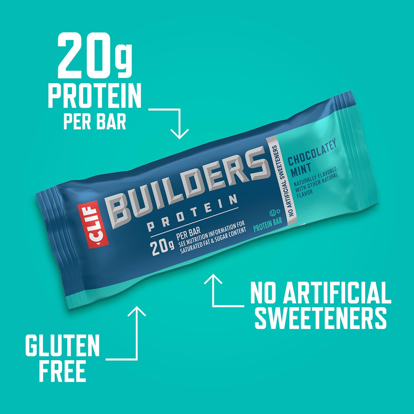 CLIF BUILDERS Protein Bars - Chocolate Mint Flavor - 20g Plant Based Protein - Gluten Free - Non-GMO - Low Glycemic - No Artificial Sweeteners - 2.4 oz. (6 Pack)