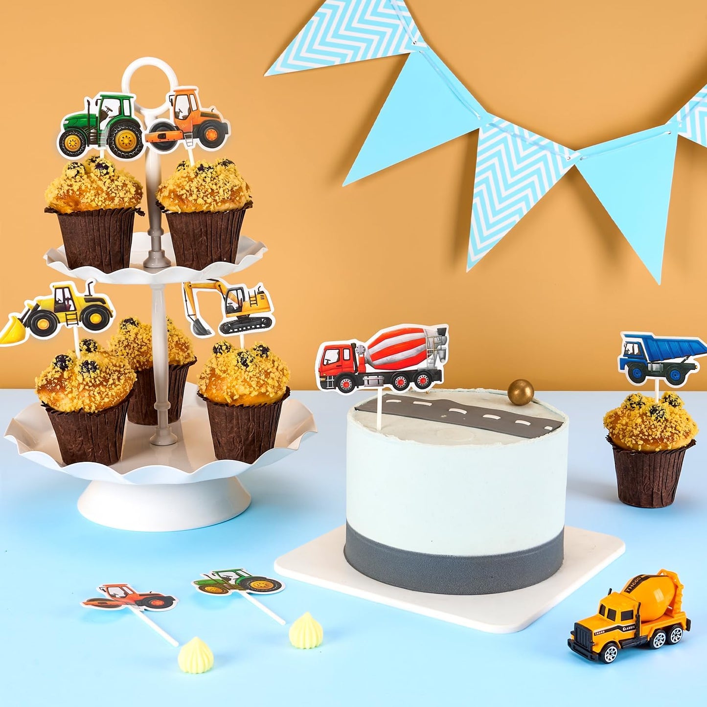 Wernnsai Construction Cupcake Topper - Construction Zone Birthday Party Supplies 40 Pcs Dump Truck Excavator Tractor Cake Food P