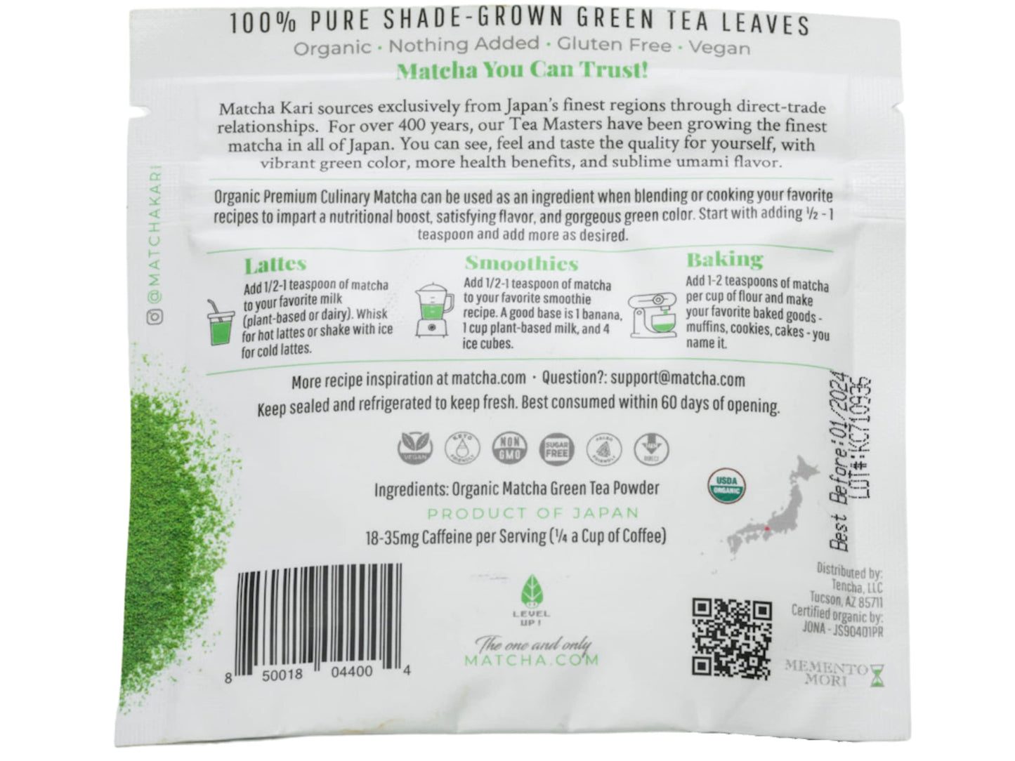 Matcha Kari Organic Matcha Green Tea Powder - 30g - Japanese Culinary Grade - Green