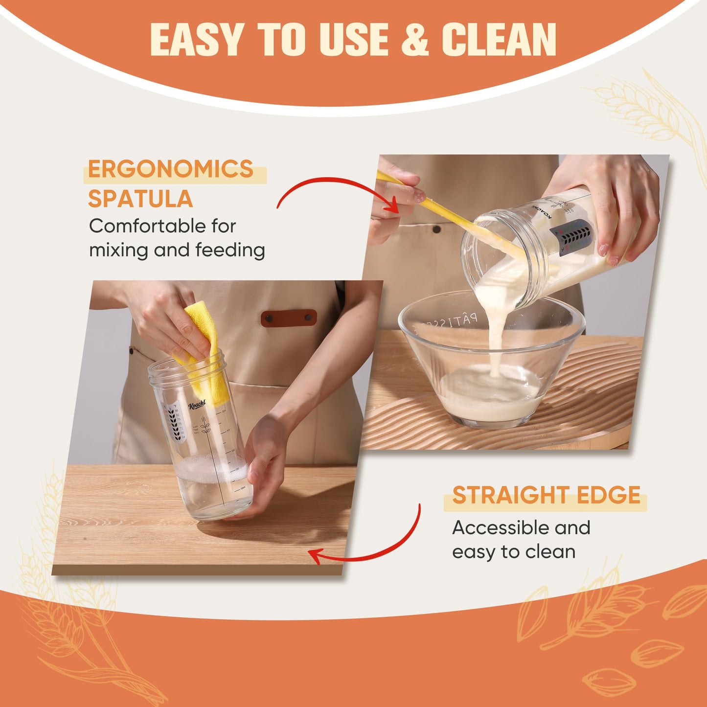 Koackl Sourdough Starter Kit, 24oz Sourdough Starter Jar with Magnetic Bread Lame, Thermometer, Long Scraper, Cloth Cover & Lid