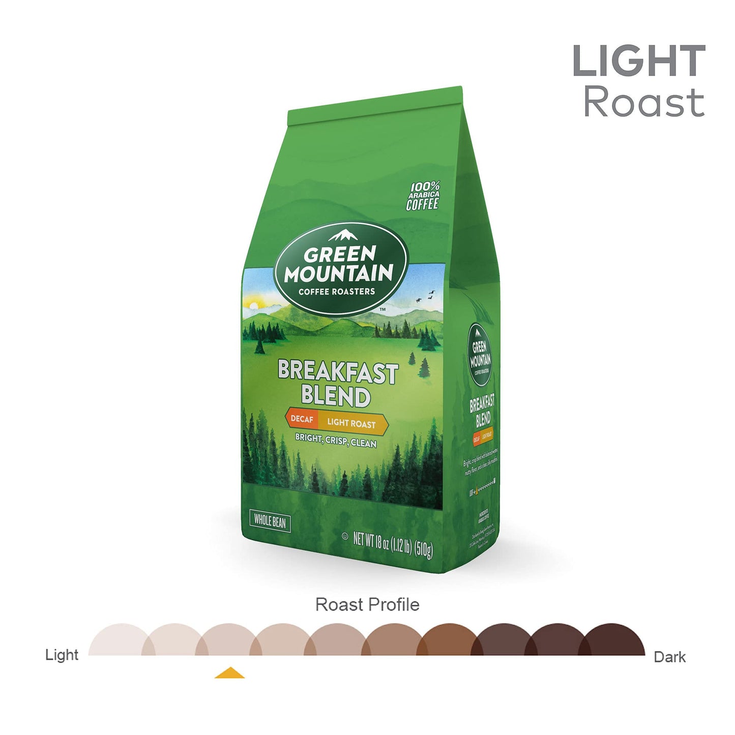 Green Mountain Coffee Roasters Breakfast Blend Decaf, Whole Bean Coffee, Light Roast, Bagged 18 oz (Pack of 3)
