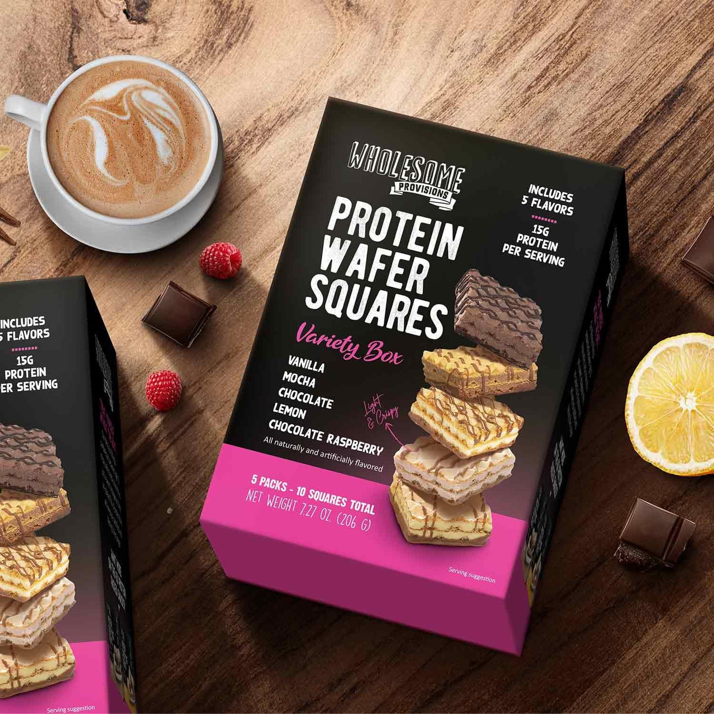 Wholesome Provisions Protein Wafer Squares Variety Pack - 15g Protein, Low Sugar, 10 Squares, Includes Vanilla, Mocha, Chocolate, Lemon, Raspberry