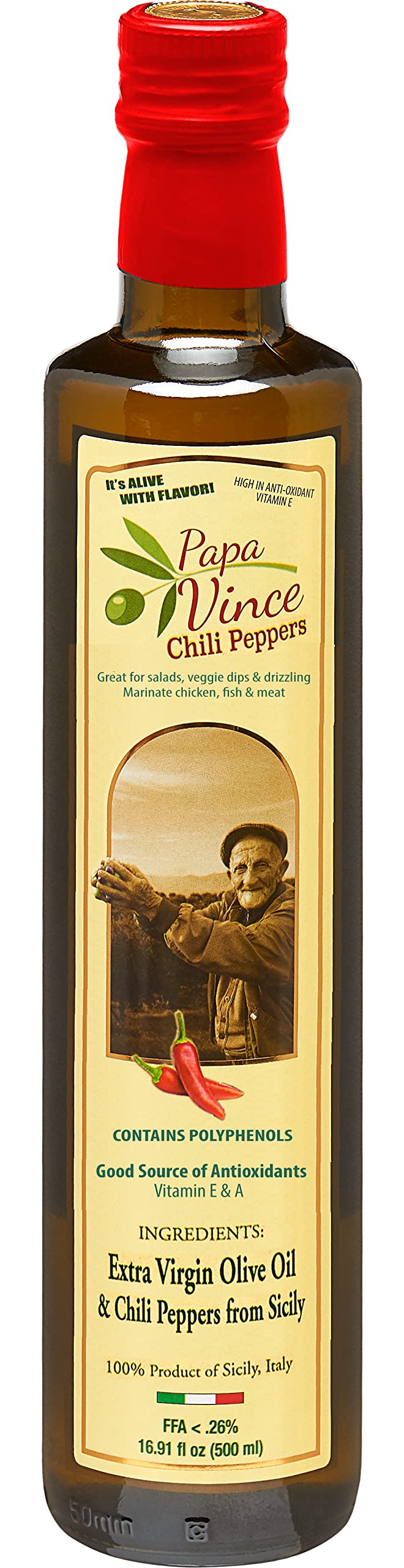 Papa Vince Olive Oil Extra Virgin - First Cold Pressed, Polyphenol Rich Olive Oil (Evoo). Chili Pepper Agrumato, Unfiltered, Single Sourced, Glass Bottle, Family Made, Sicily, Italy
