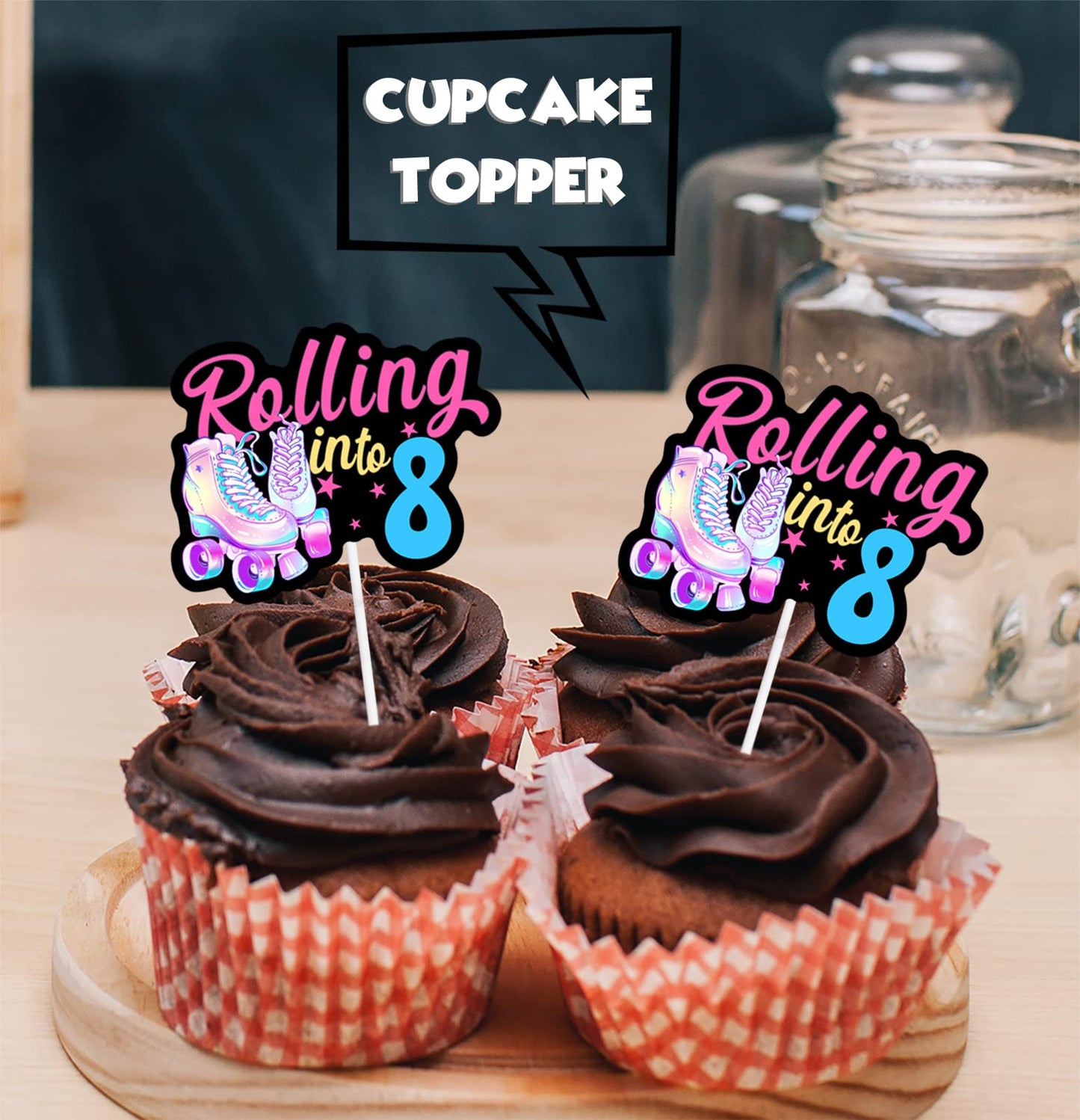 18Pcs Black Glitter Pink Roller Skates Dessert Cupcake Topper 80S 90S Retro Hip Hop Roller Skating Rolling Into 8 Theme Decor Su