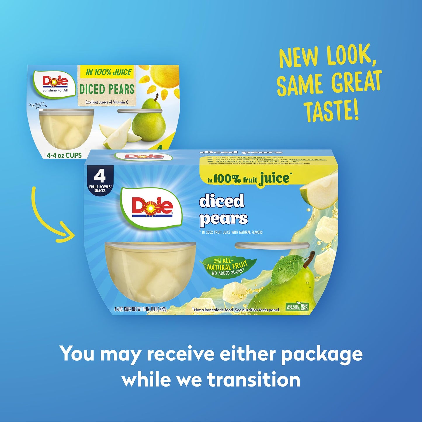 Dole Fruit Bowls Diced Pears in 100% Juice Snacks, 4oz 24 Total Cups, Gluten & Dairy Free, Bulk Lunch Snacks for Kids & Adults