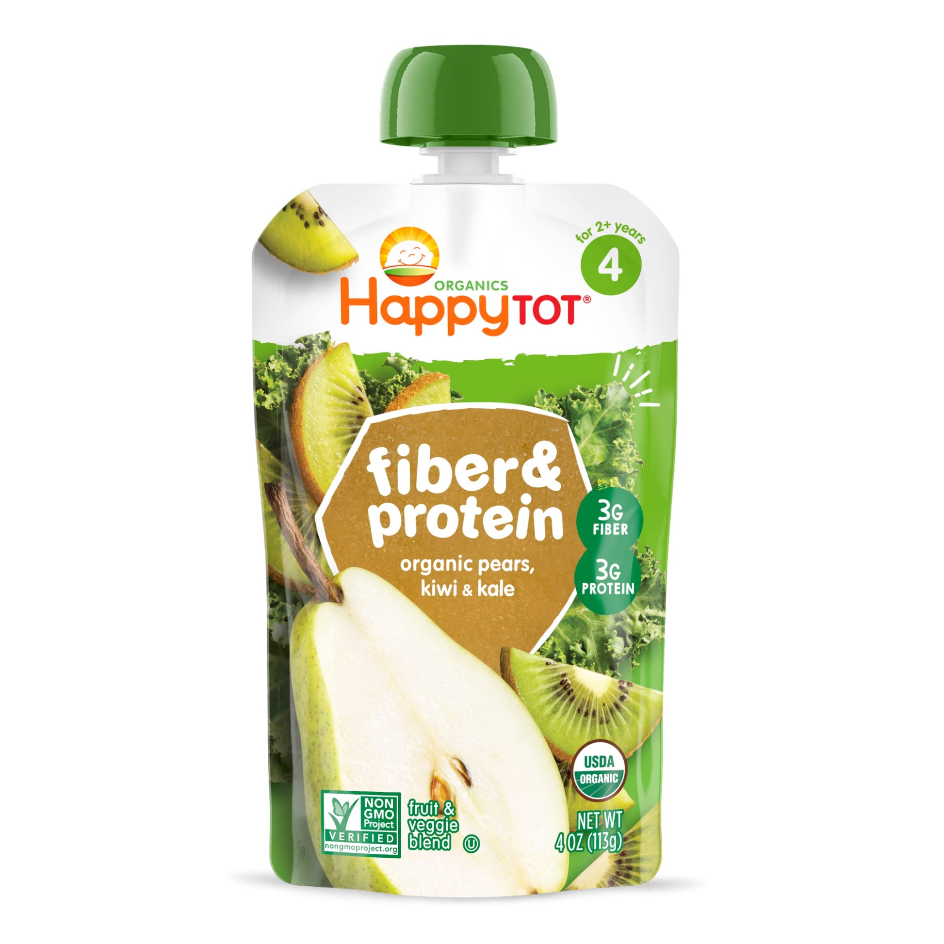 Happy Tot Organics Stage 4 Baby Food Pouches, Gluten Free, Vegan Snack, Fiber & Protein Fruit & Veggie Puree, Pears, Kiwi & Kale