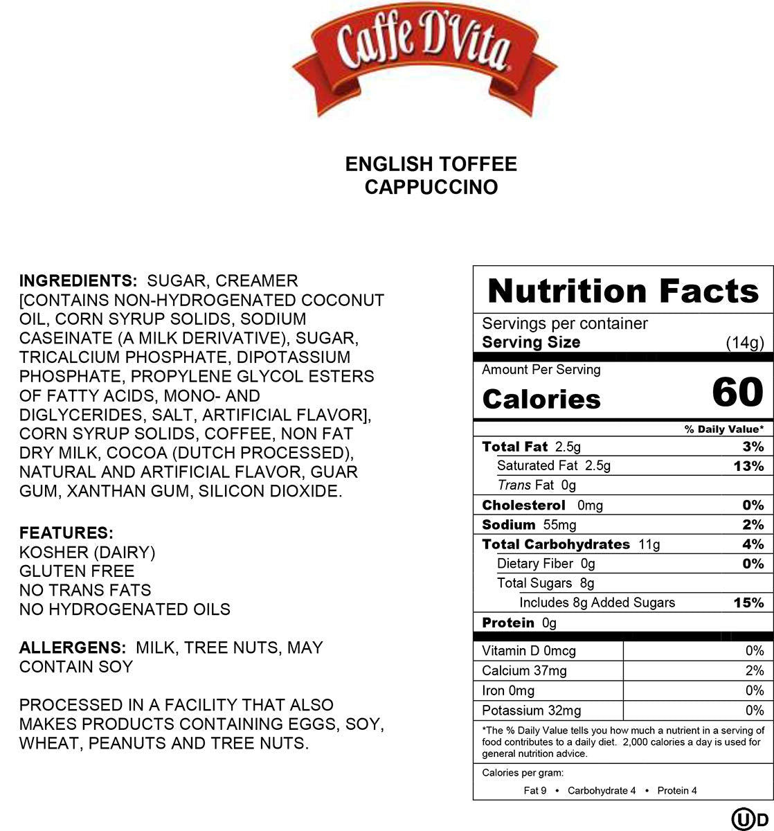 Caffe D'Vita Cappuccino Assortment (White Chocolate, English Toffee, Hazelnut, Mocha, French Vanilla, Caramel) - Instant Cappucc