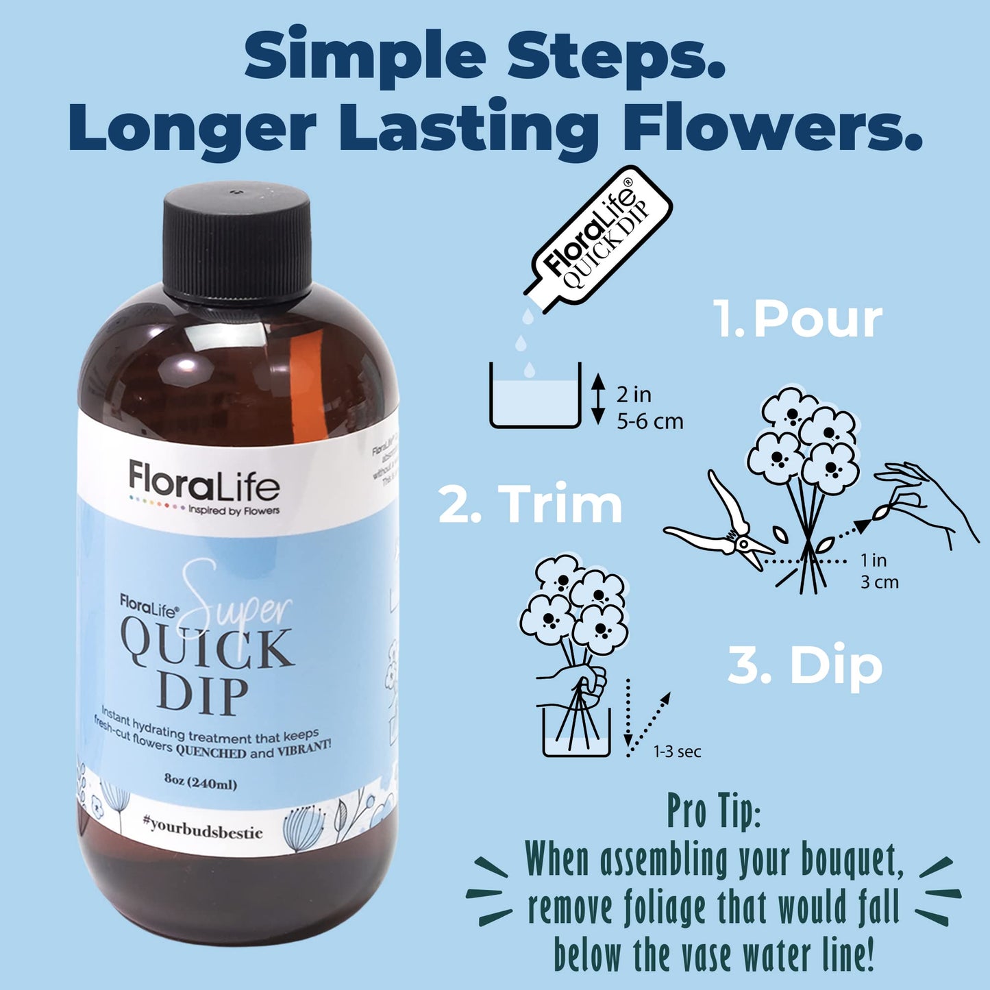 Floralife Quick Dip - Instant Hydrating Treatment Solution For Preserving Fresh-Cut Flowers - 8Oz