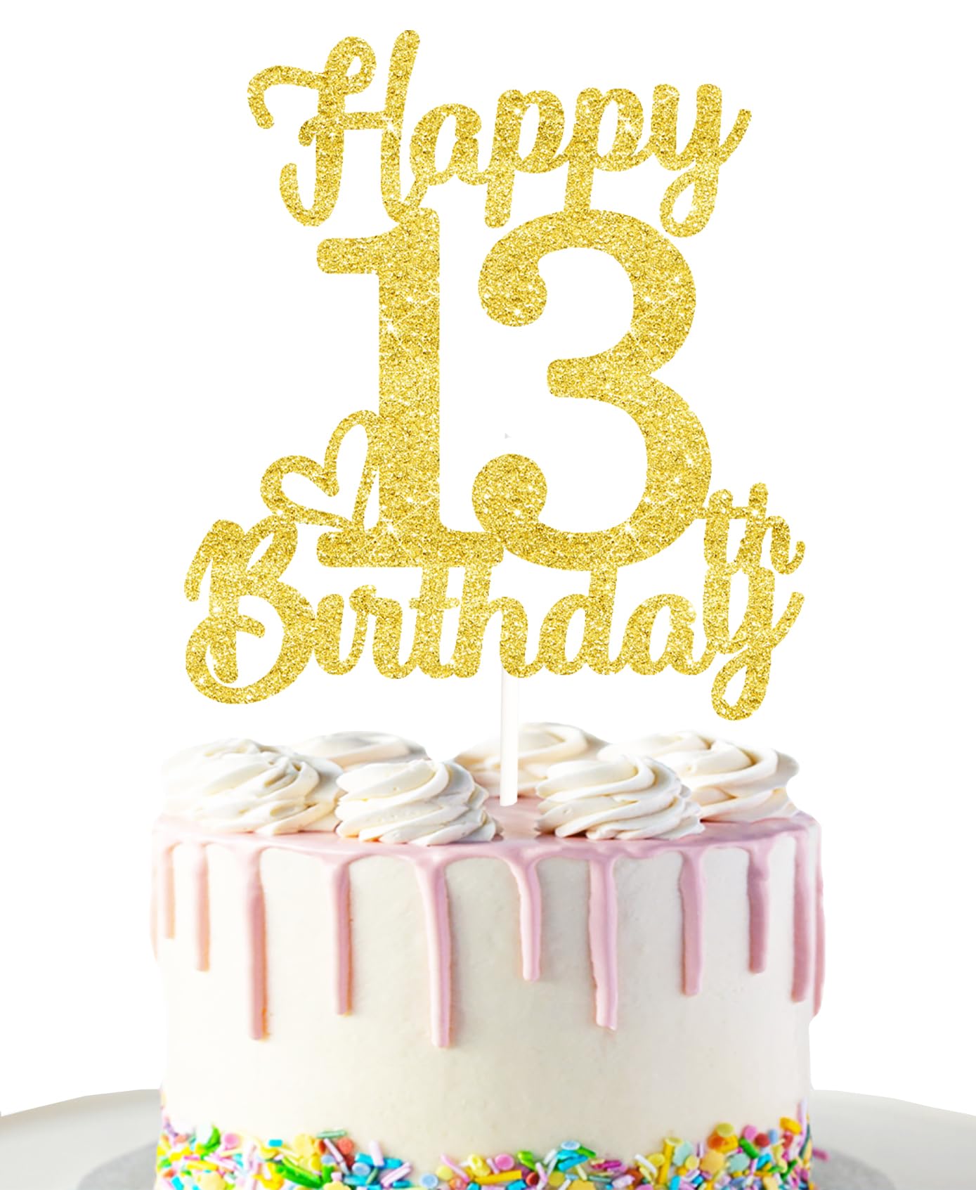 13 Birthday Cake Topper - Double Sided Gold Glitter, Happy 13Th Birthday Cake Topper For Girls,13 Cake Decorations For Girls, 13