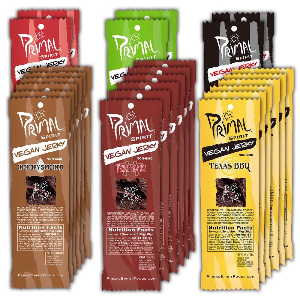 Primal Spirit Vegan Jerky - 24-Pack of Plant-Based Protein Snacks, 1 oz each, Assorted Flavors (Teriyaki, BBQ, Spicy, Thai Peanut)