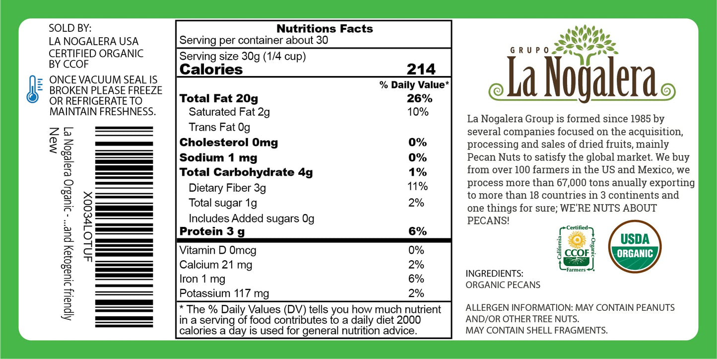 Grupo La Nogalera Organic Pecan Pieces - Chopped, Non-GMO, Kosher, Halal, 2 lb Bag