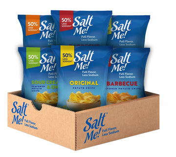 SaltMe! 4 flavor variety pack Potato Chips, 50% Low Salt, Kosher, Non-GMO, Better for You Chips, Original-BBQ-SC&Onion-Ched&Sour