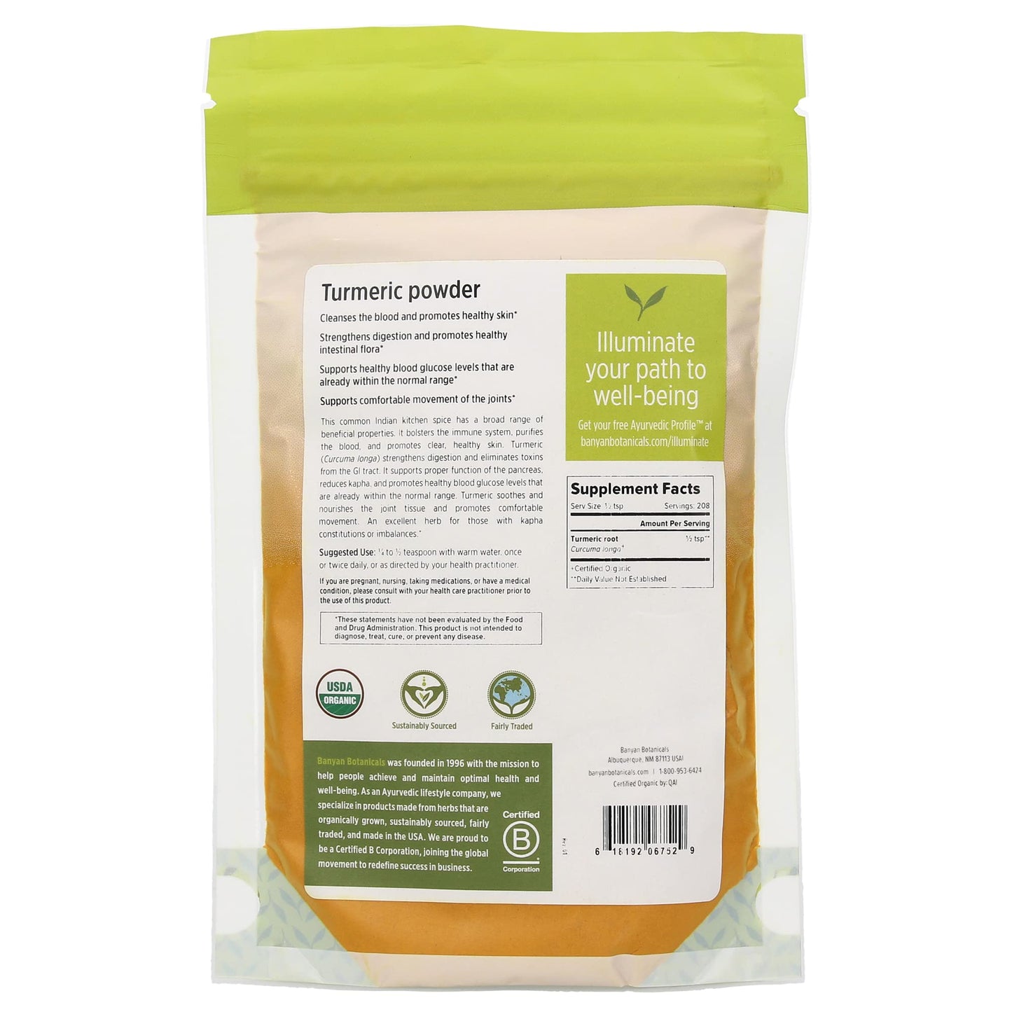 Banyan Botanicals Organic Turmeric Powder - 8 Ounce (Pack of 1) - Non-GMO Vegan dietary product for Healthy Skin & Overall Health