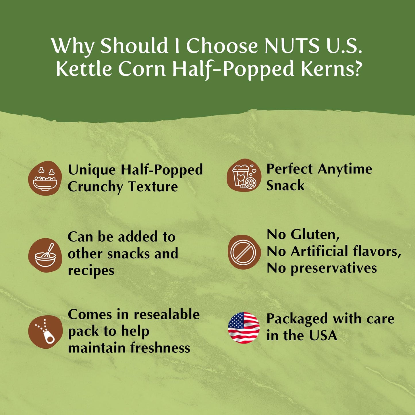 NUTS U.S. - Kettle Corn Half-Popped Kerns-Crunchy, Salty Snack - Non-GMO, Gluten-Free, No Artificial Flavors - 2 LB