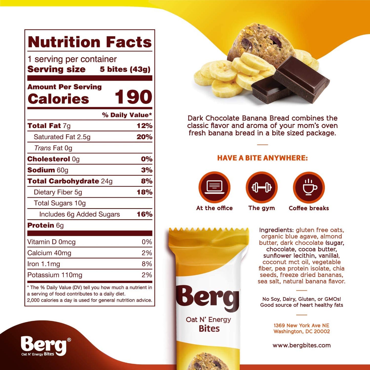 Berg Bites Oat N' Energy Bites - Vegan, Non-GMO, Gluten Free - Dark Chocolate Banana Bread - 1.5oz, Pack of 8