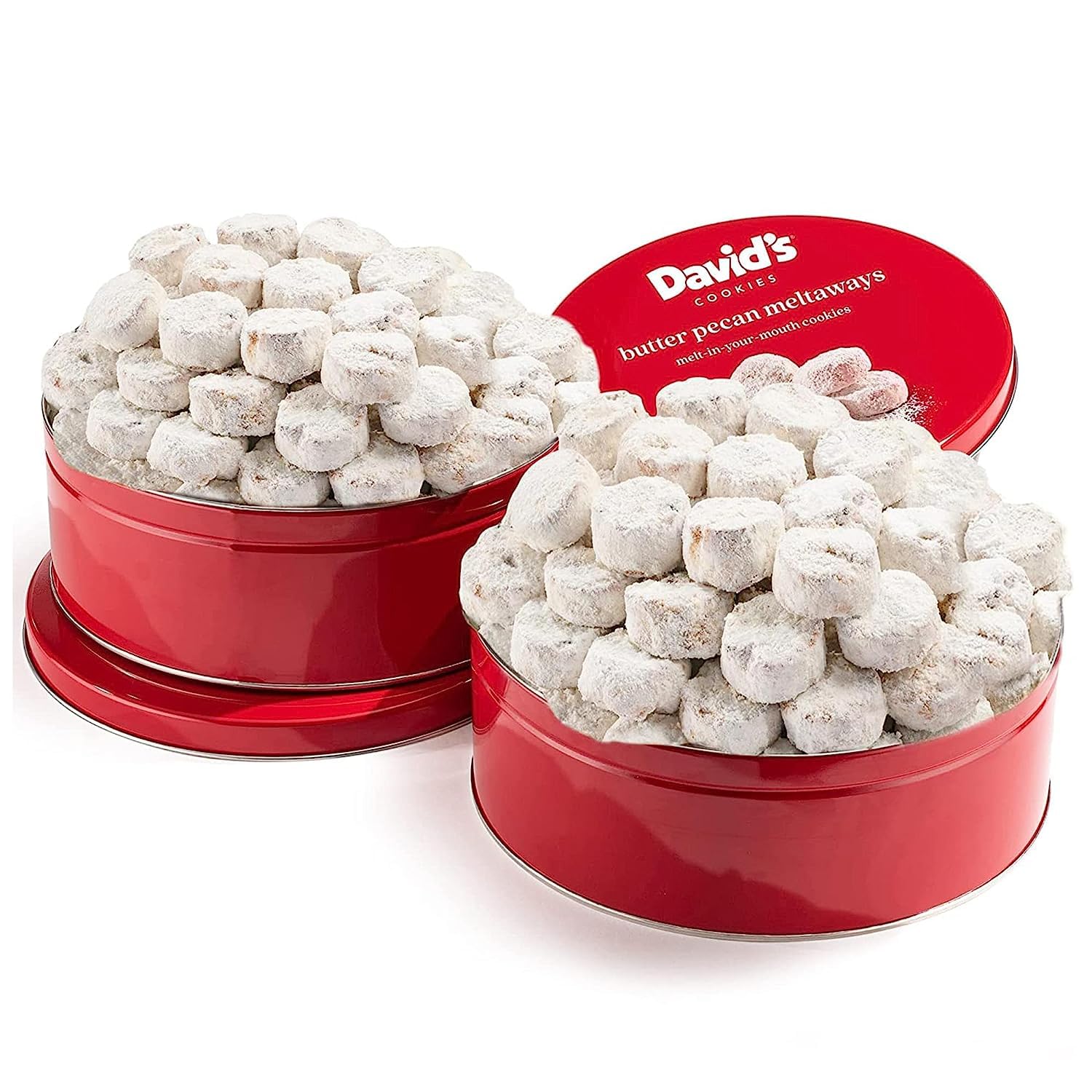 Davids Cookies Gourmet Butter Pecan Meltaway Round Tin with Crunchy Pecans and Powdered Sugar  All-Natural Ingredients  Kosher  Ideal Present for Special Occasions  64 Oz (2 Pack)