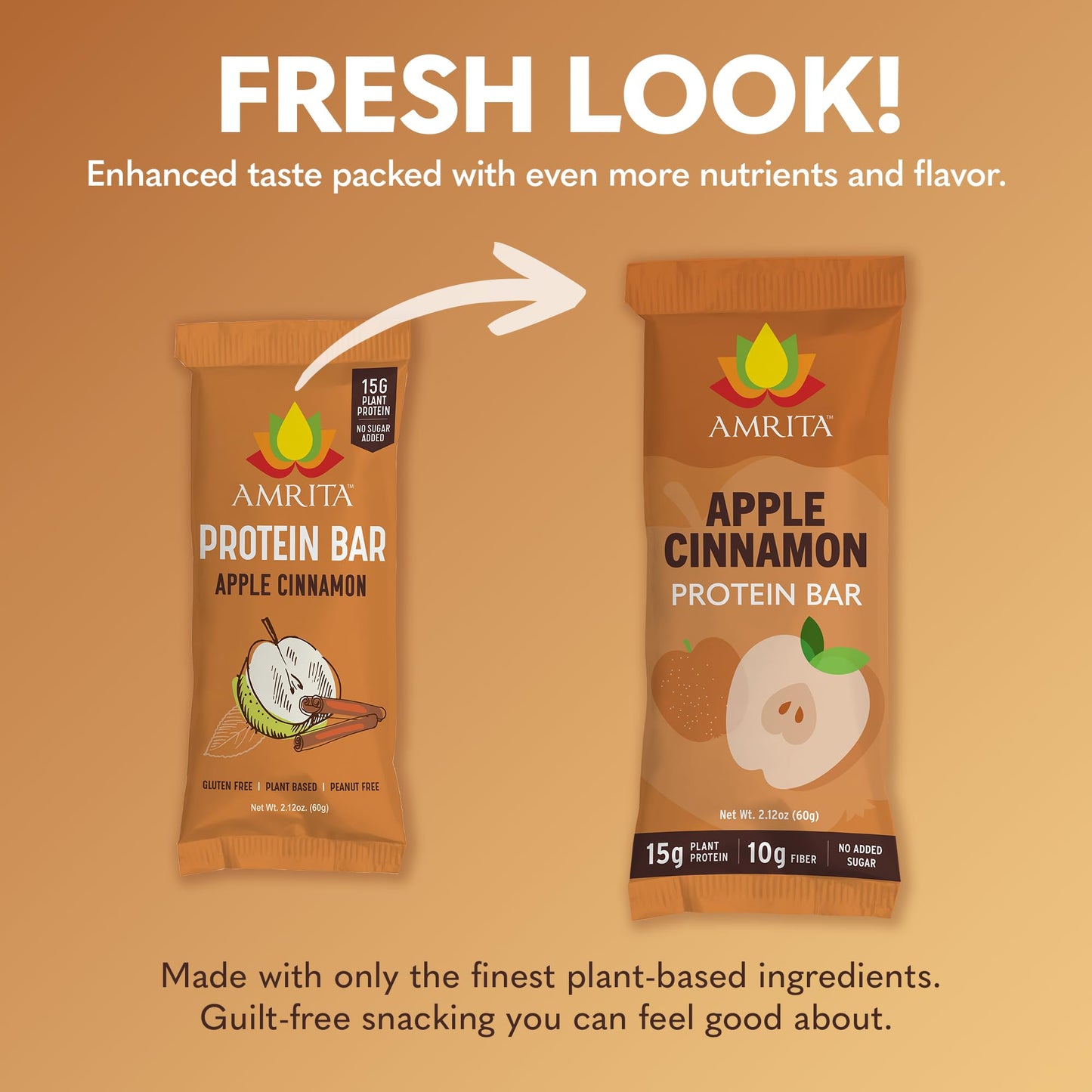 Amrita Apple Cinnamon Vegan Protein Bars - 15g Plant-Based Protein, Gluten-Free, 12 Count