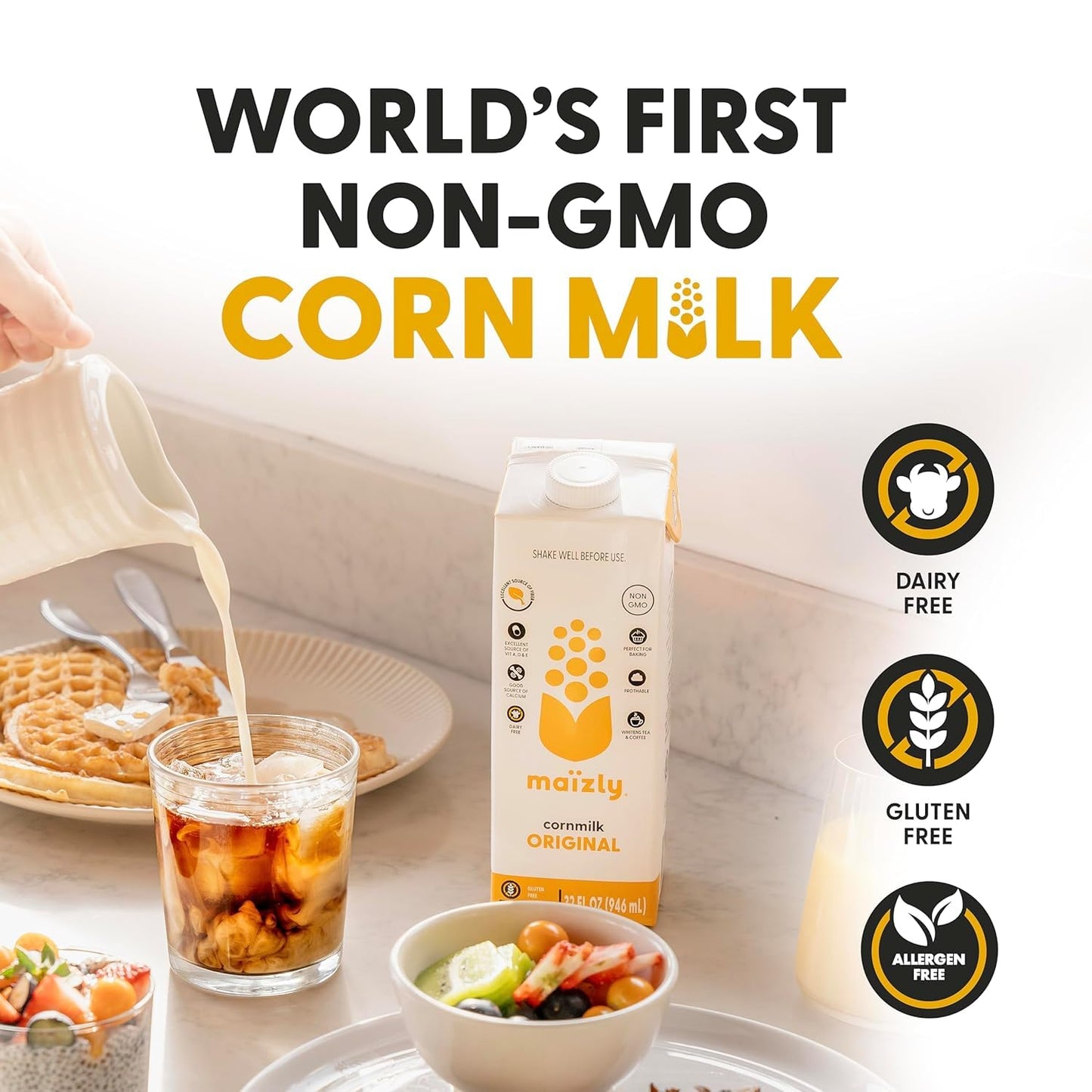 Maizly Original Corn Milk, Plant-Based Drink Made with Non-GMO Ingredients, Less Sugar, Gluten & Dairy-Free Alternative to Whole