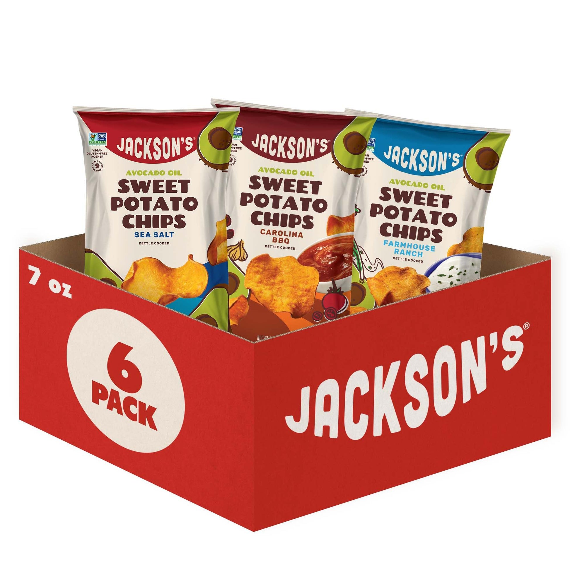 Jacksons Sweet Potato Kettle Chips Variety Pack - Sea Salt, Ranch, BBQ Flavors - 7oz, Pack of 6 - Gluten Free, Vegan