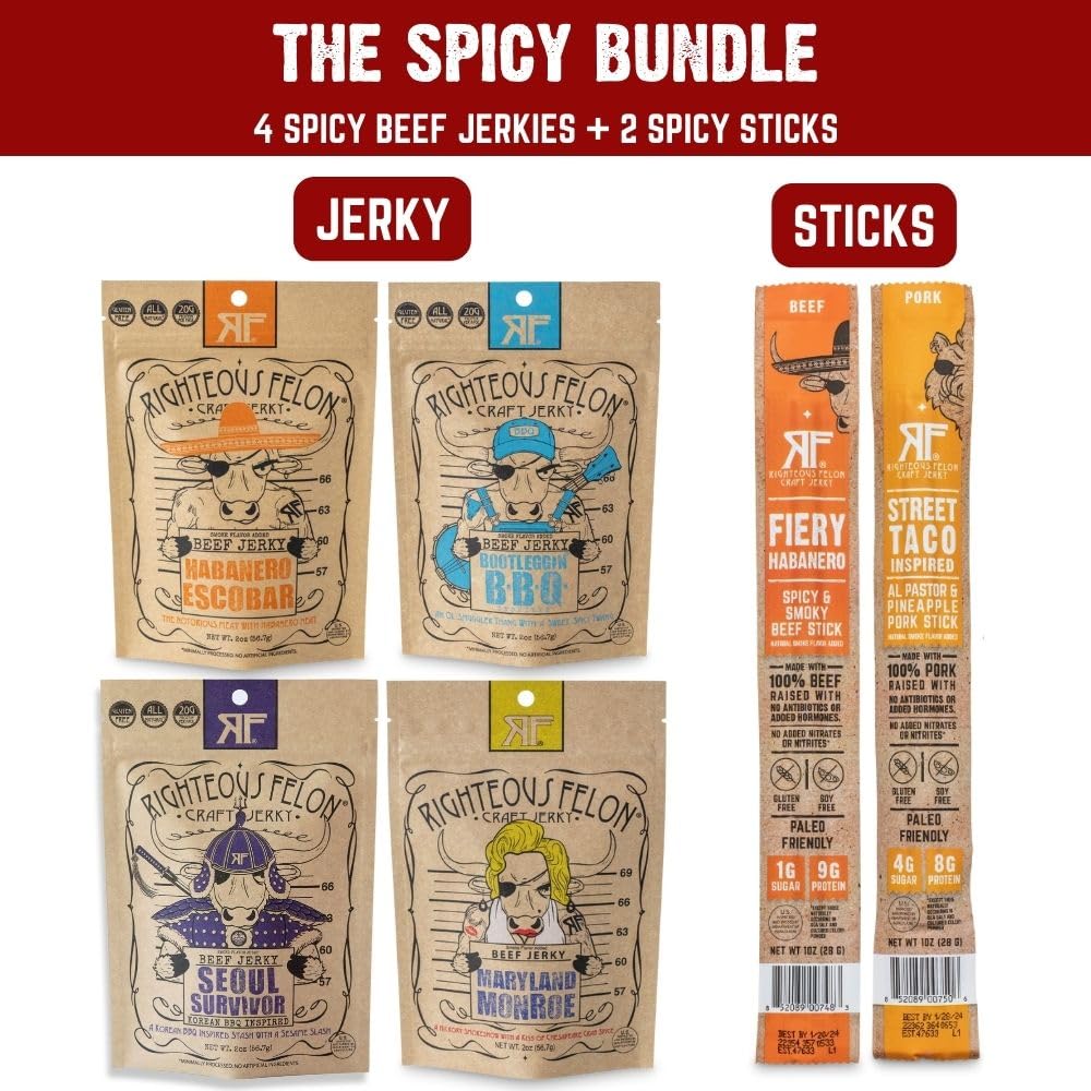 Righteous Felon Beef Jerky Variety Pack | Gluten Free, High Protein | 6 Pack, 1.67 Ounce