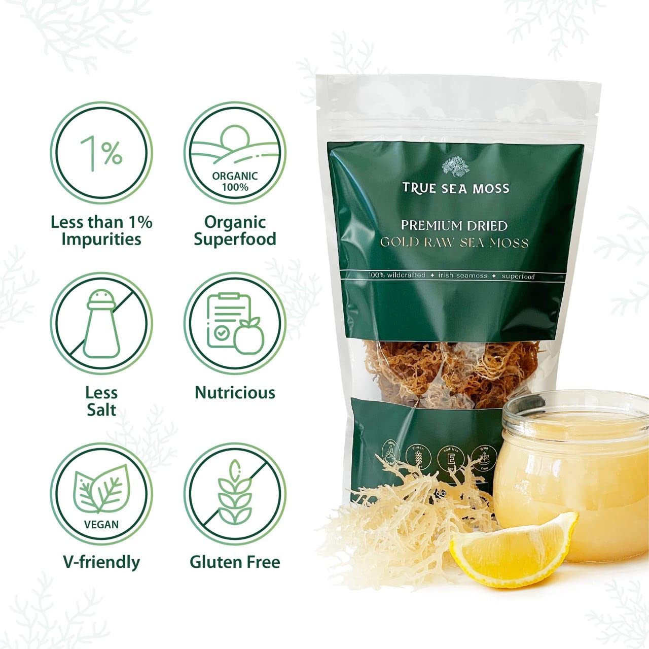 TrueSeaMoss Sea Moss Raw Gold - Organic Irish Sea Moss Gel - 16oz (Makes 200 oz) - Wildcrafted for Skin and Digestion - 1 Pound