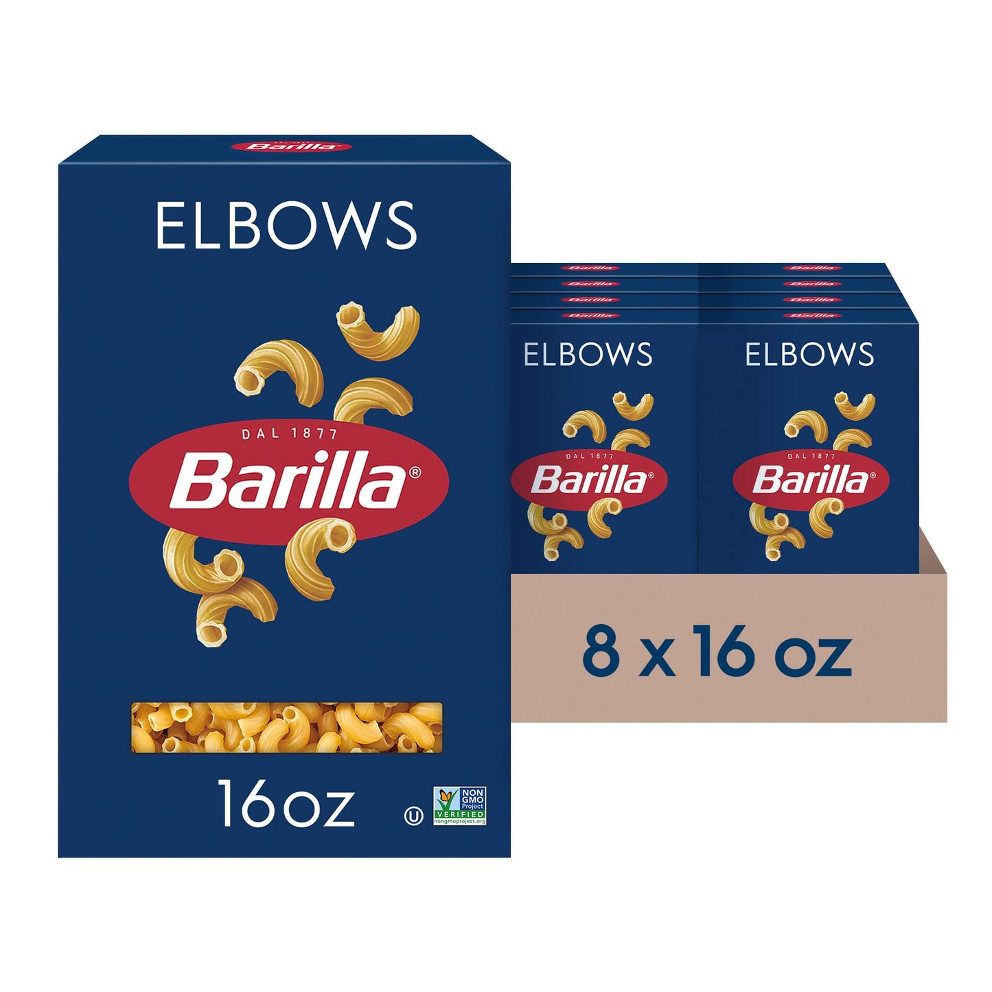 Barilla Elbows Pasta, 16 oz. Box (Pack of 8) - Non-GMO, Made with Durum Wheat Semolina - Kosher Certified