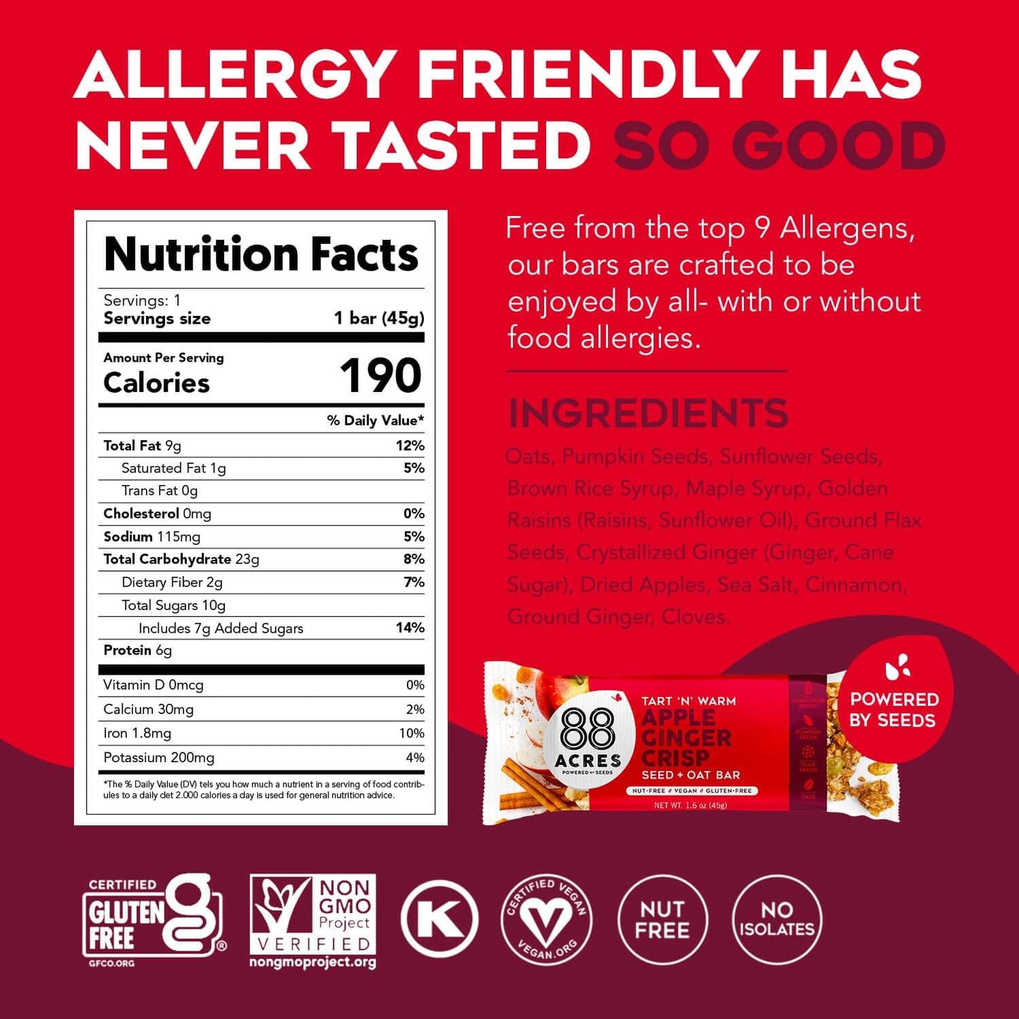 88 Acres Granola Bars - Apple Ginger Crisp, Gluten Free, Nut-Free, Vegan, 12 Pack (1.58 oz each)