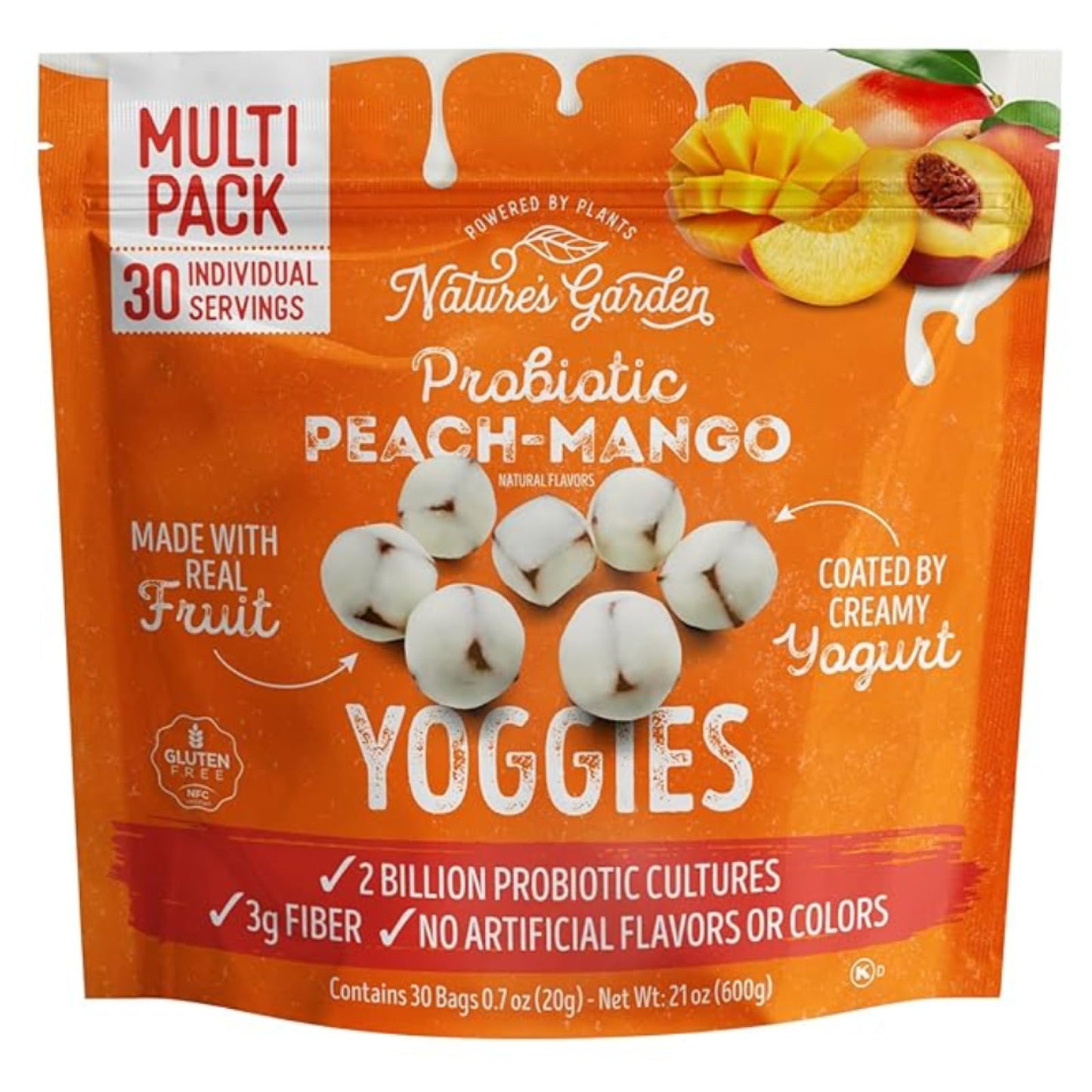Natures Garden Probiotic Peach Mango Yoggies  21oz (30 x 0.7oz) - Yogurt Covered Fruit Snack  High Fiber  Real Fruit Pieces  Healthy Fruit Snack Packs