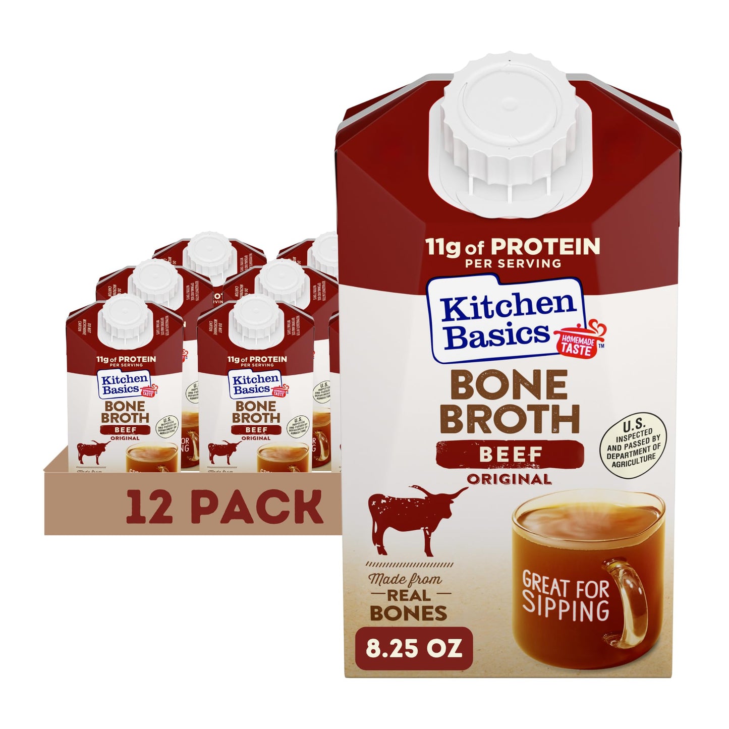 Kitchen Basics Beef Bone Broth, 8.25 oz Carton, Pack of 12, Original Flavor